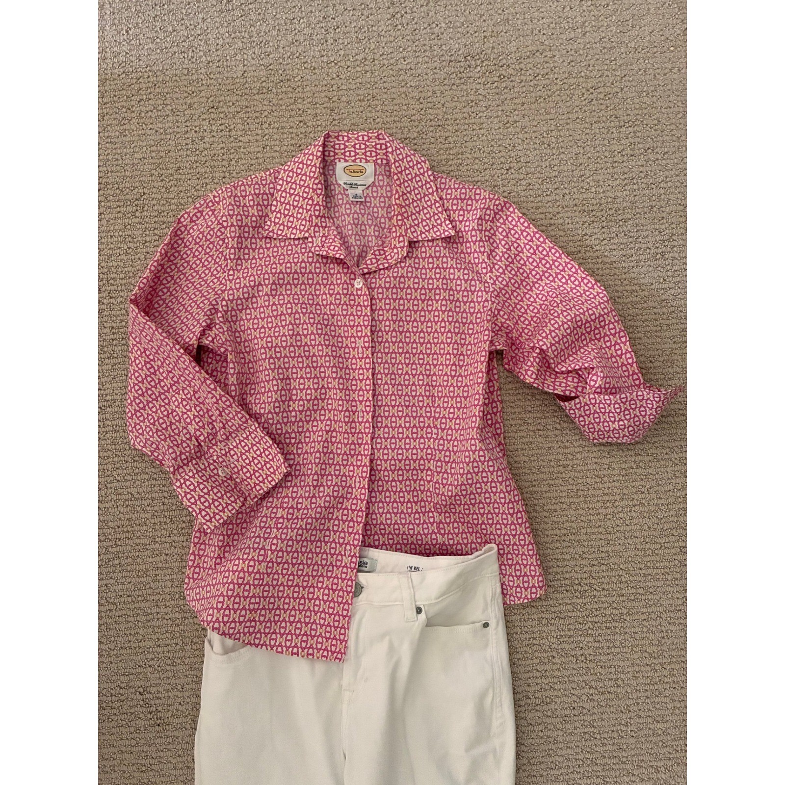 Talbots Wrinkle Resistant Stretch Pink Chain Link Print Button Down Shirt 4
