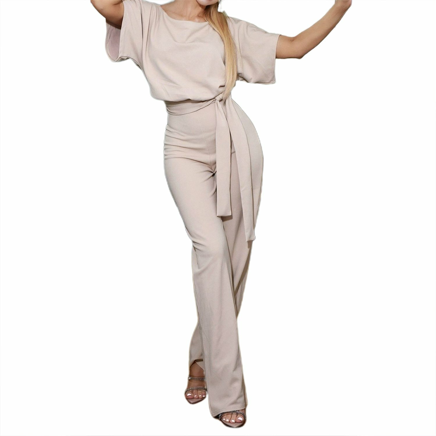 Women Wide Leg Belted Jumpsuits High Waist Romper Flare Palazzo Pants Suit S-XL