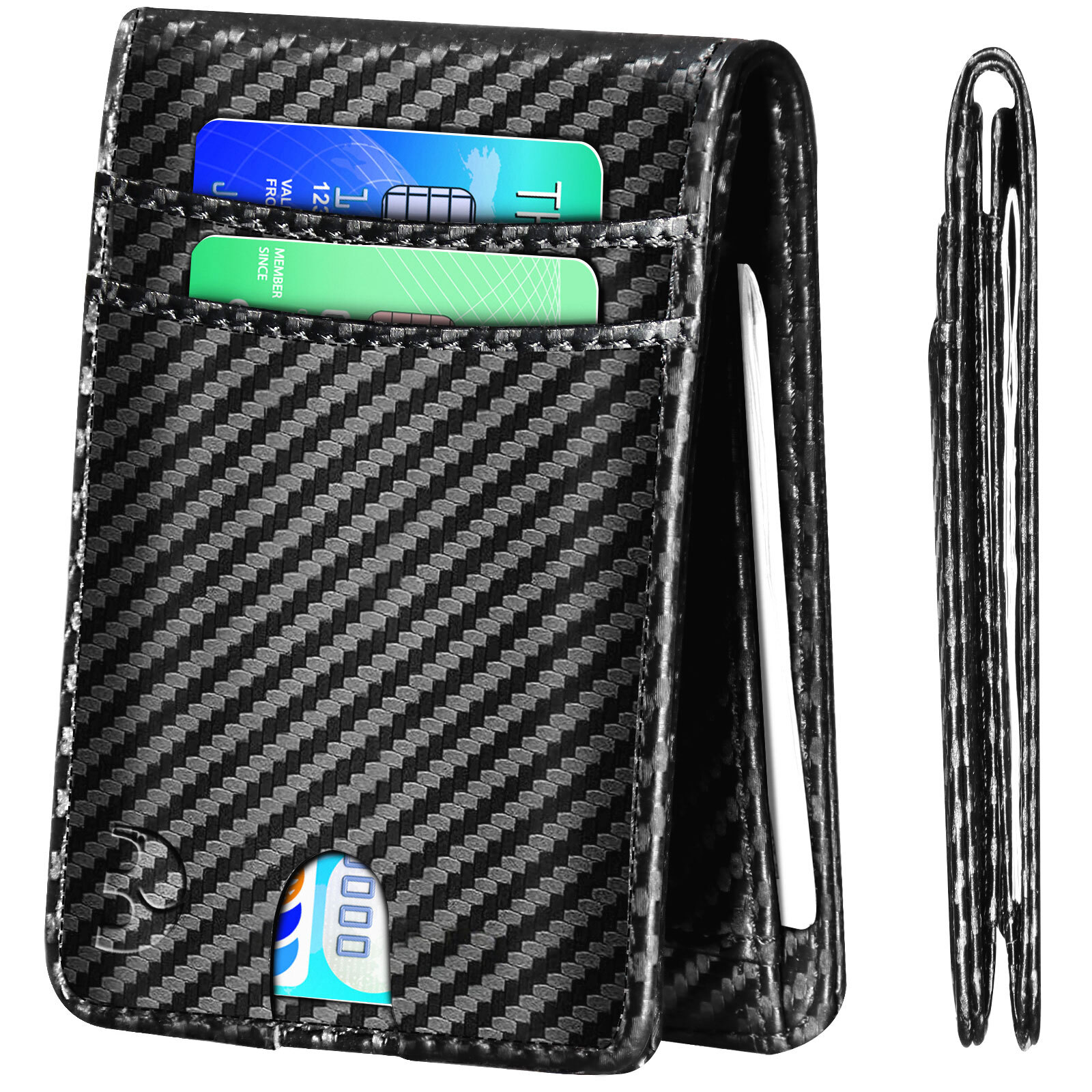 Slim 8 Card Holder Slots Carbon Leather Money Clip RFID Blk Men’s Wallet Bifold