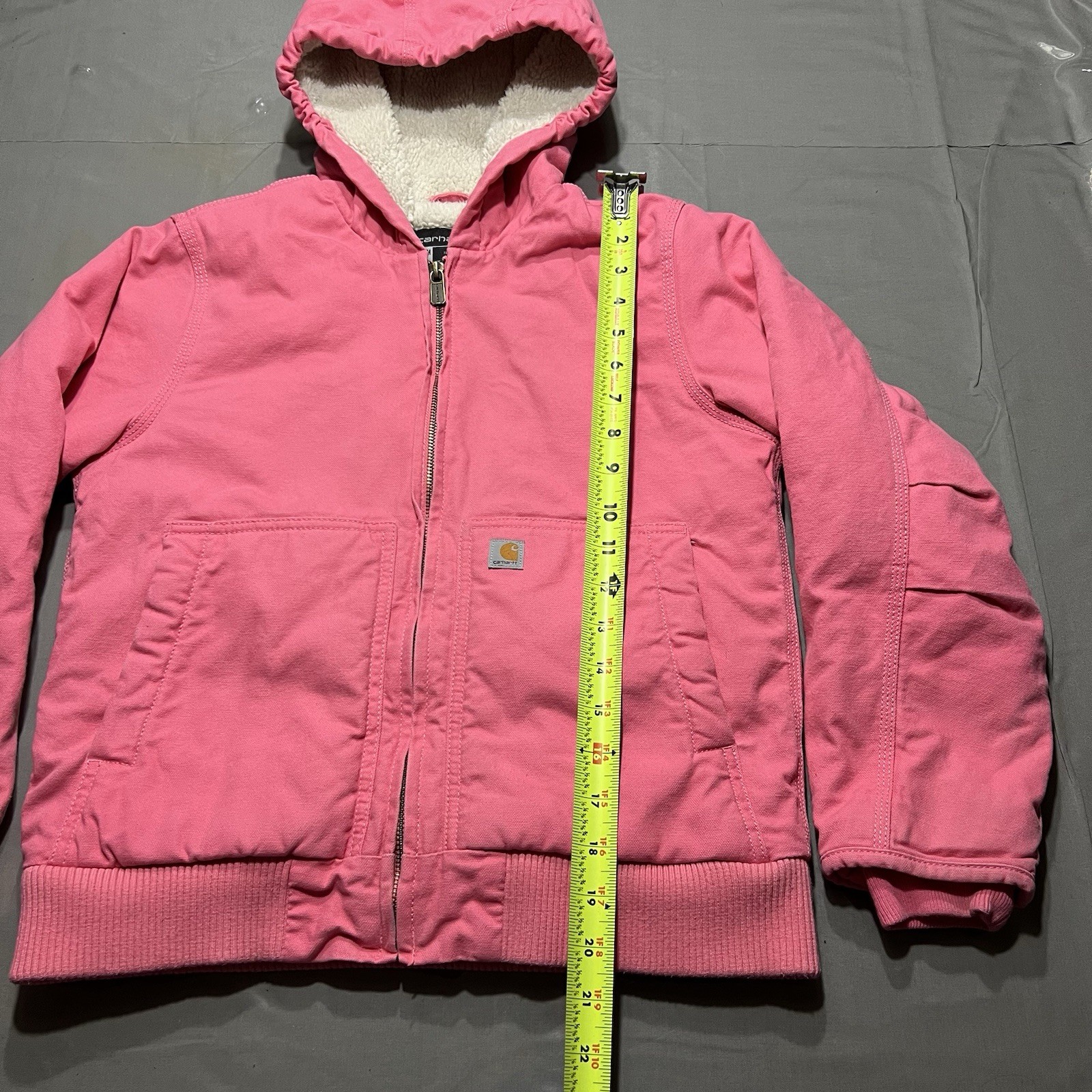 Carhartt OJ9564-G Girls Medium (10-12) Sherpa Hooded Jacket Pink Canvas Full Zip