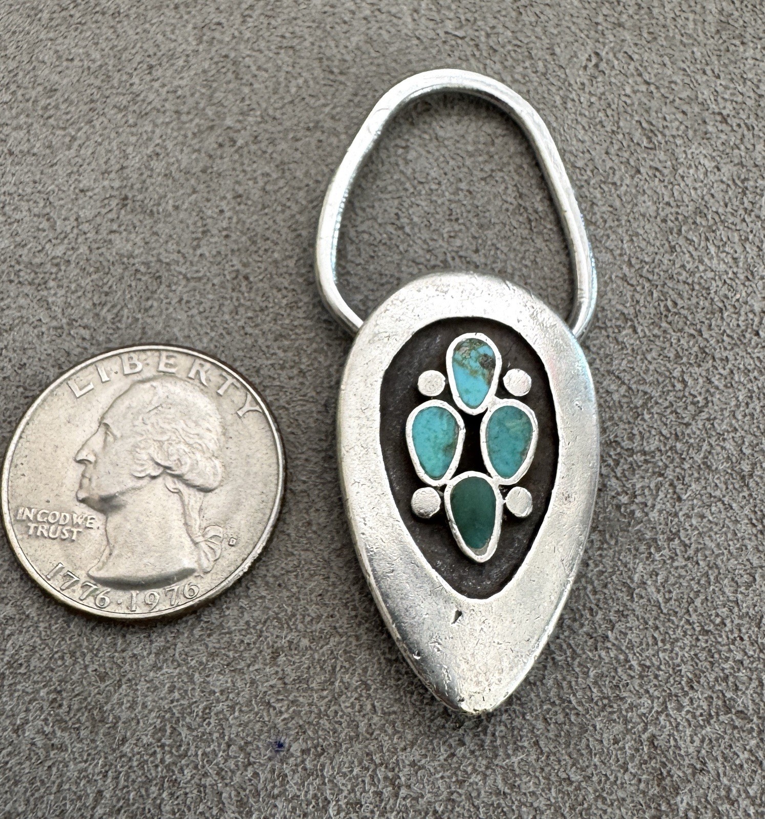 Vintage Navajo STERLING Silver Turquoise Shadowbox KEY RING Southwestern 2.25″
