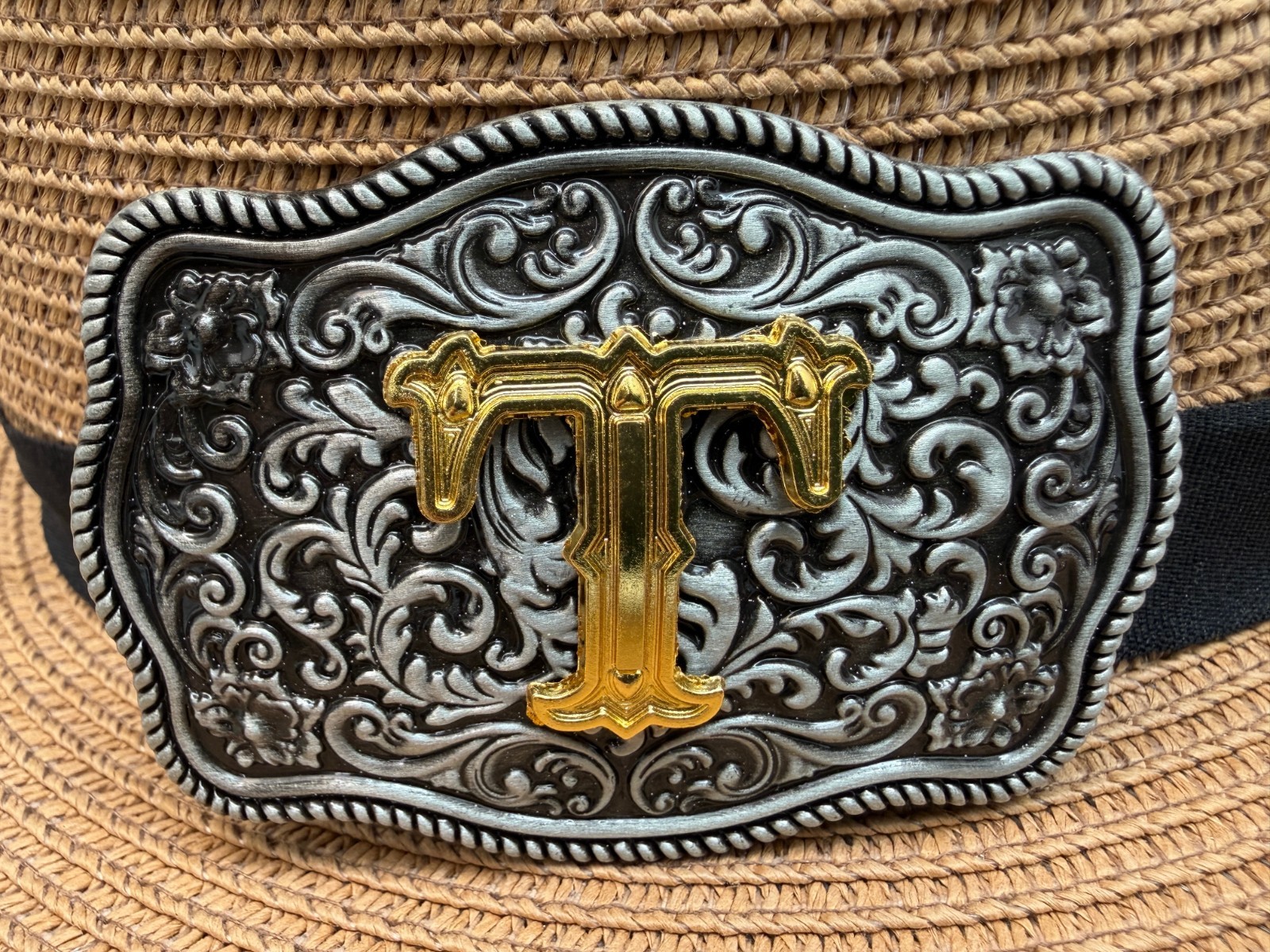Antiqued Silver Gold Initial T Rectangle Western Cowboy Floral Vine Belt Buckle