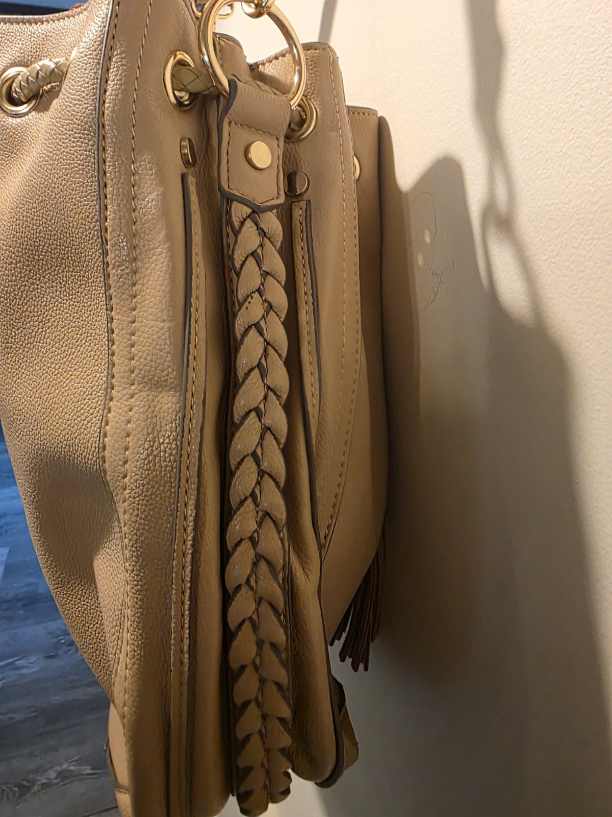Melie Bianco Beige Bucket Drawstring Shoulder Bag Tassel Braided Gold HW
