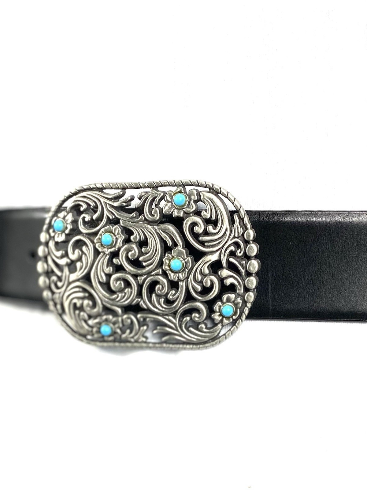 Faux Turquoise Silver Embossed Womens Black Belt Size L 45 inches Bonded Leather