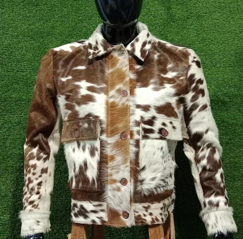 Men’s Cowhide Hair On Leather Trucker Style Jacket Western Ranch Cowboy Coat