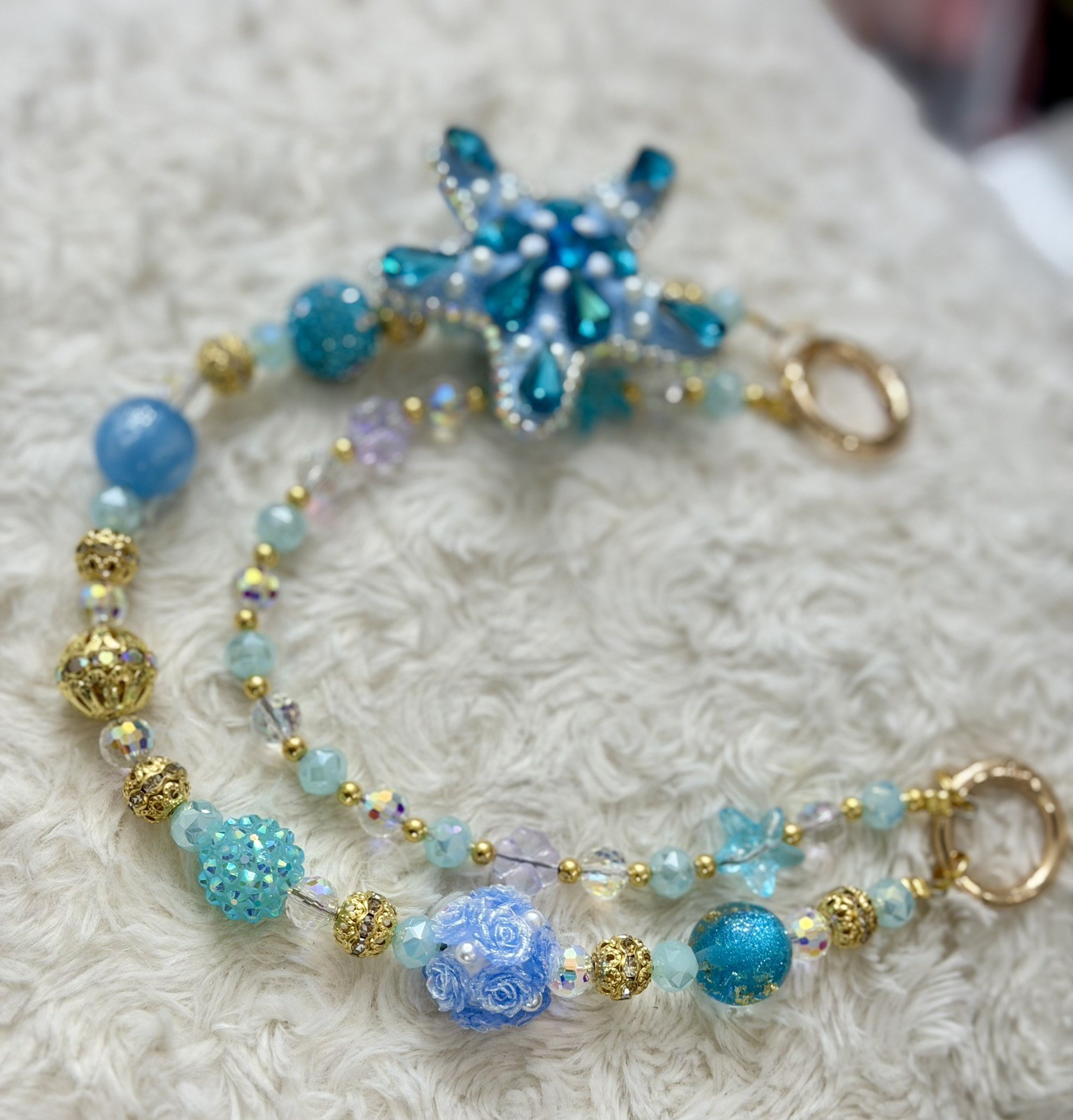 Crystal Light Blue and Gold Starfish Handbag and Keychain Charm