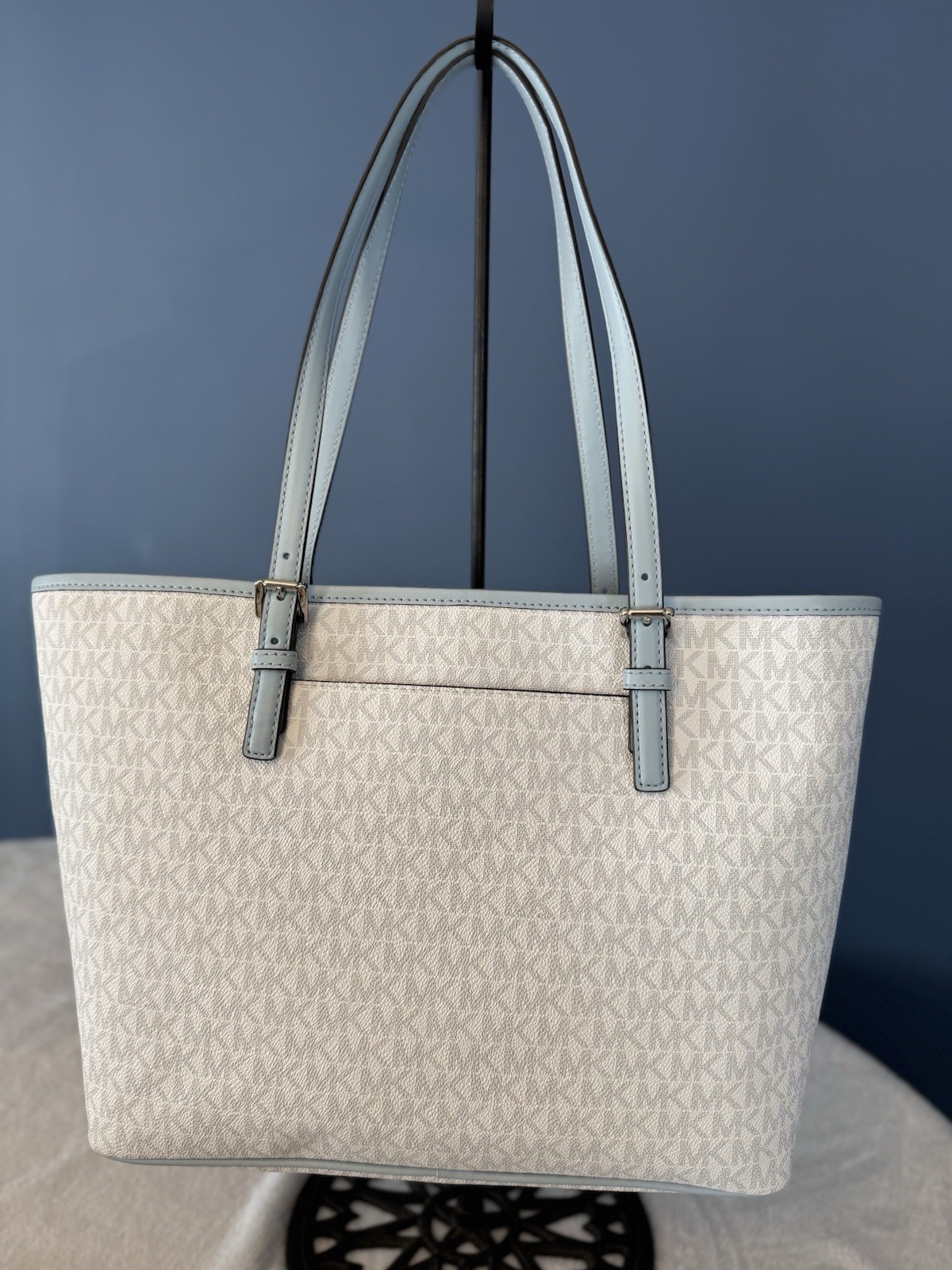Michael Kors Jet Set Monogram Tote Carryall White/Blue, Silver Hardware Charm