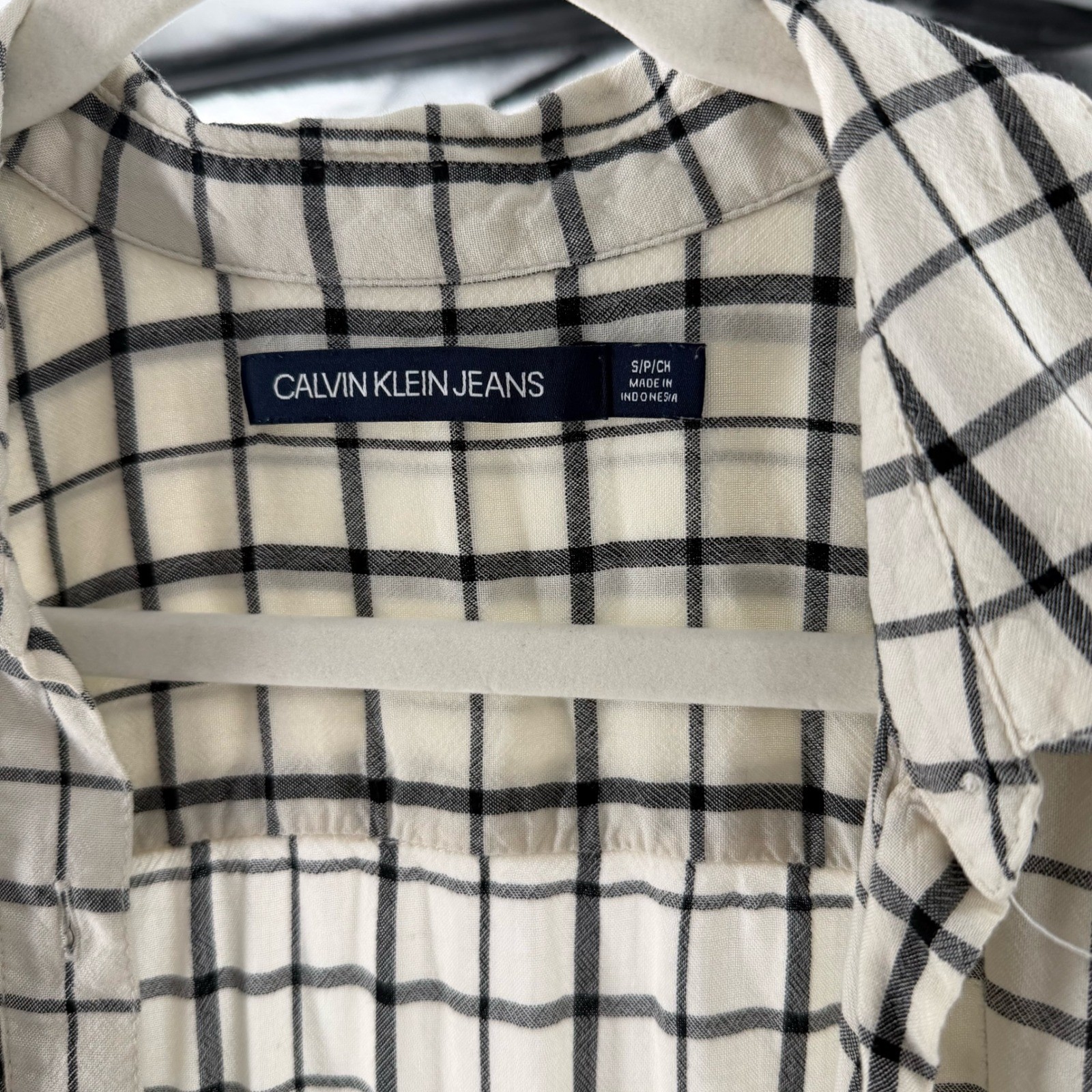 Calvin Klein Jeans Womens Cream Black Windowpane Check Viscose Shirt Small
