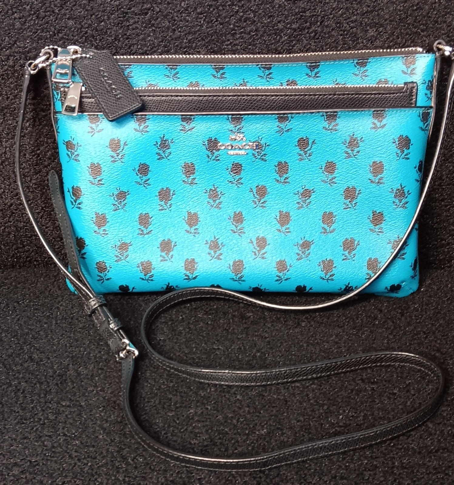 COACH Teal Blue Leather Floral Print w/ Pop Up Pouch Crossbody Bag #F38159 *READ