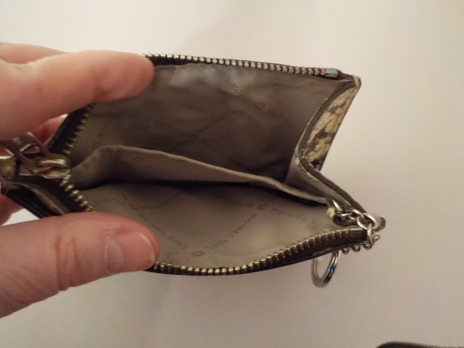 MICHAEL KORS Snakeskin Coin Purse Keychain, Silver Hardware MK Logo, 5 X 3.5 in