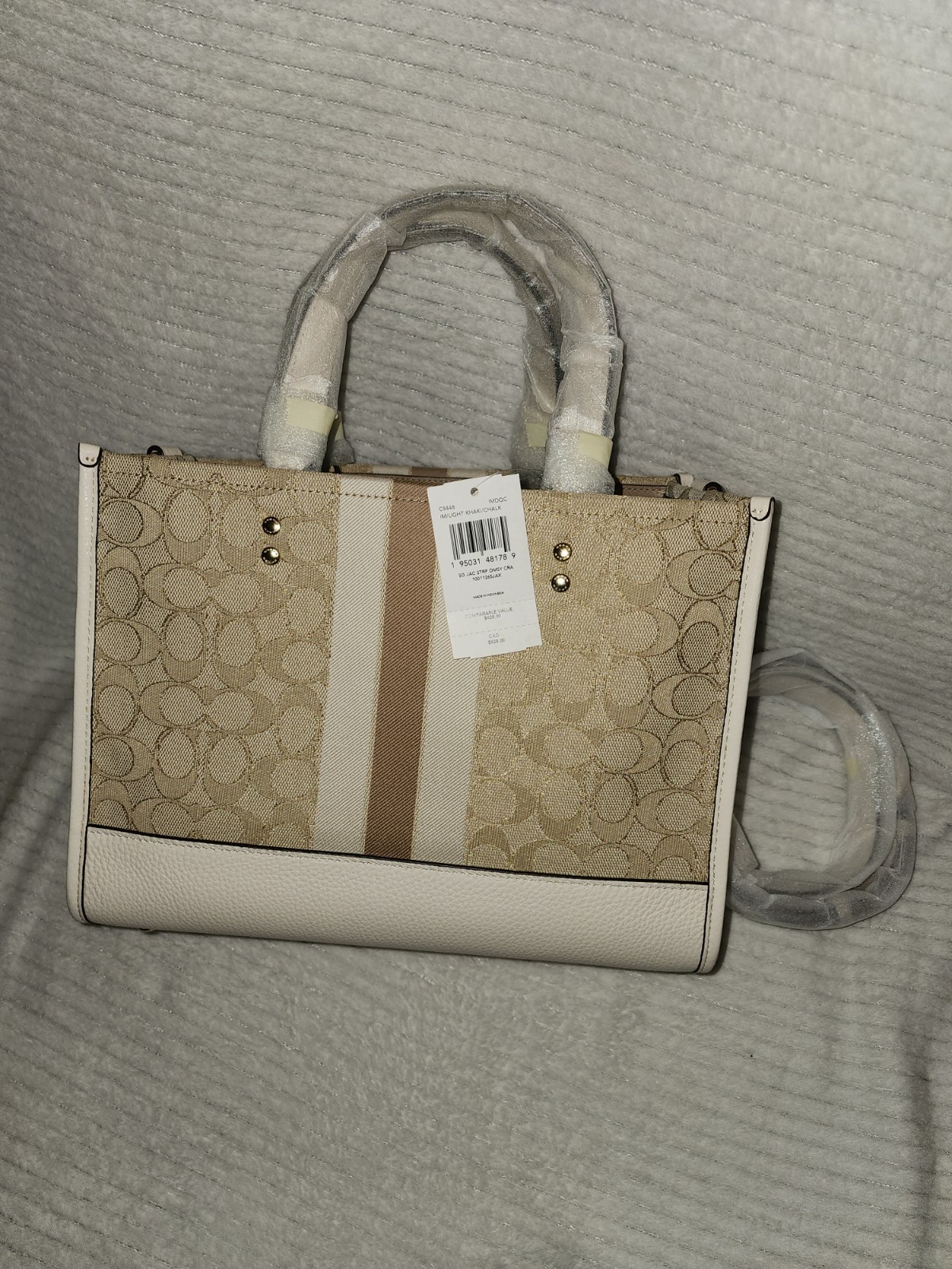 Coach Dempsey Carryall (Style No. C8448)Beige/White Detachable Strap Gold Hrdwre