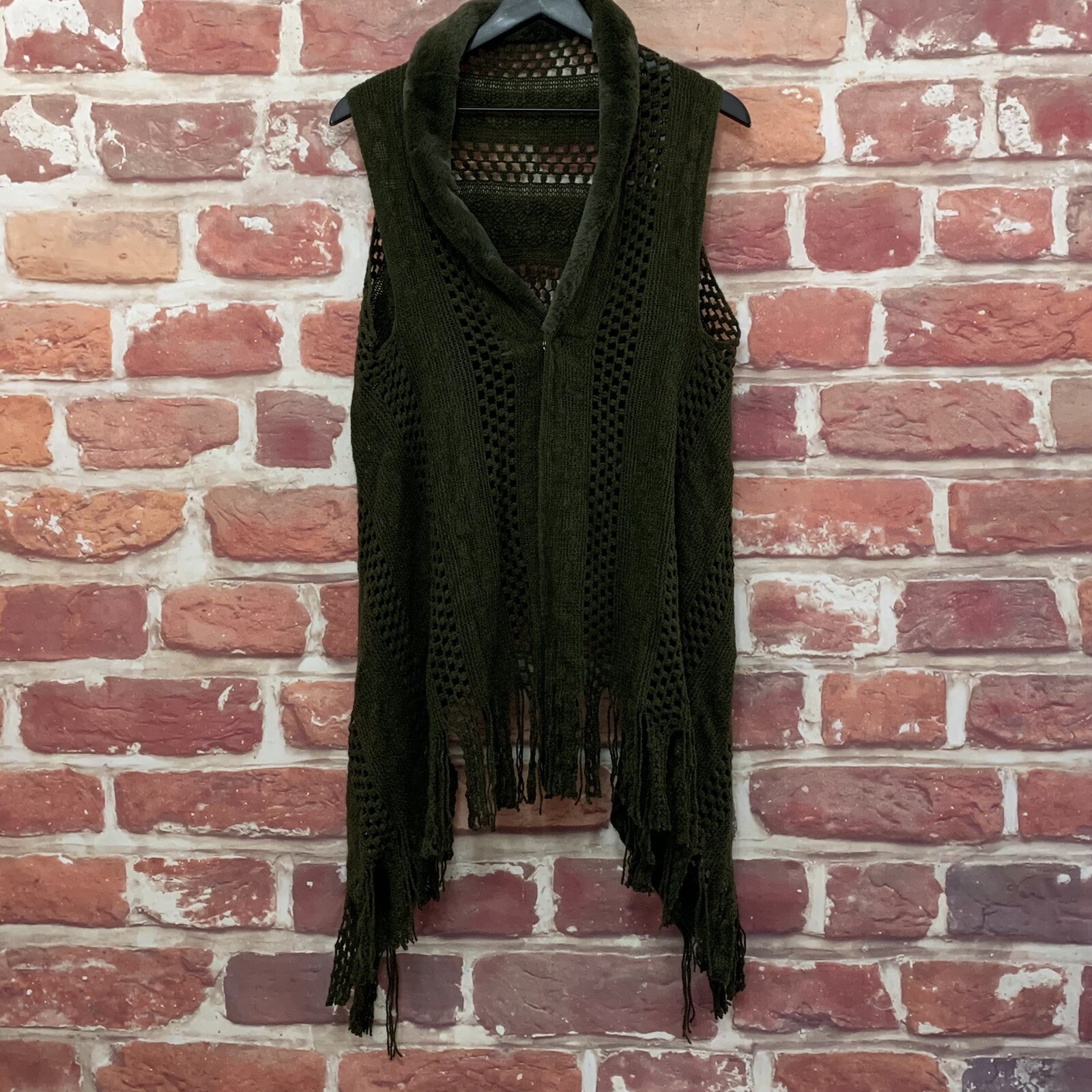 Boho Crochet Cardigan Womens Small Or Medium Dark Green Sleeveless Fringe Shrug
