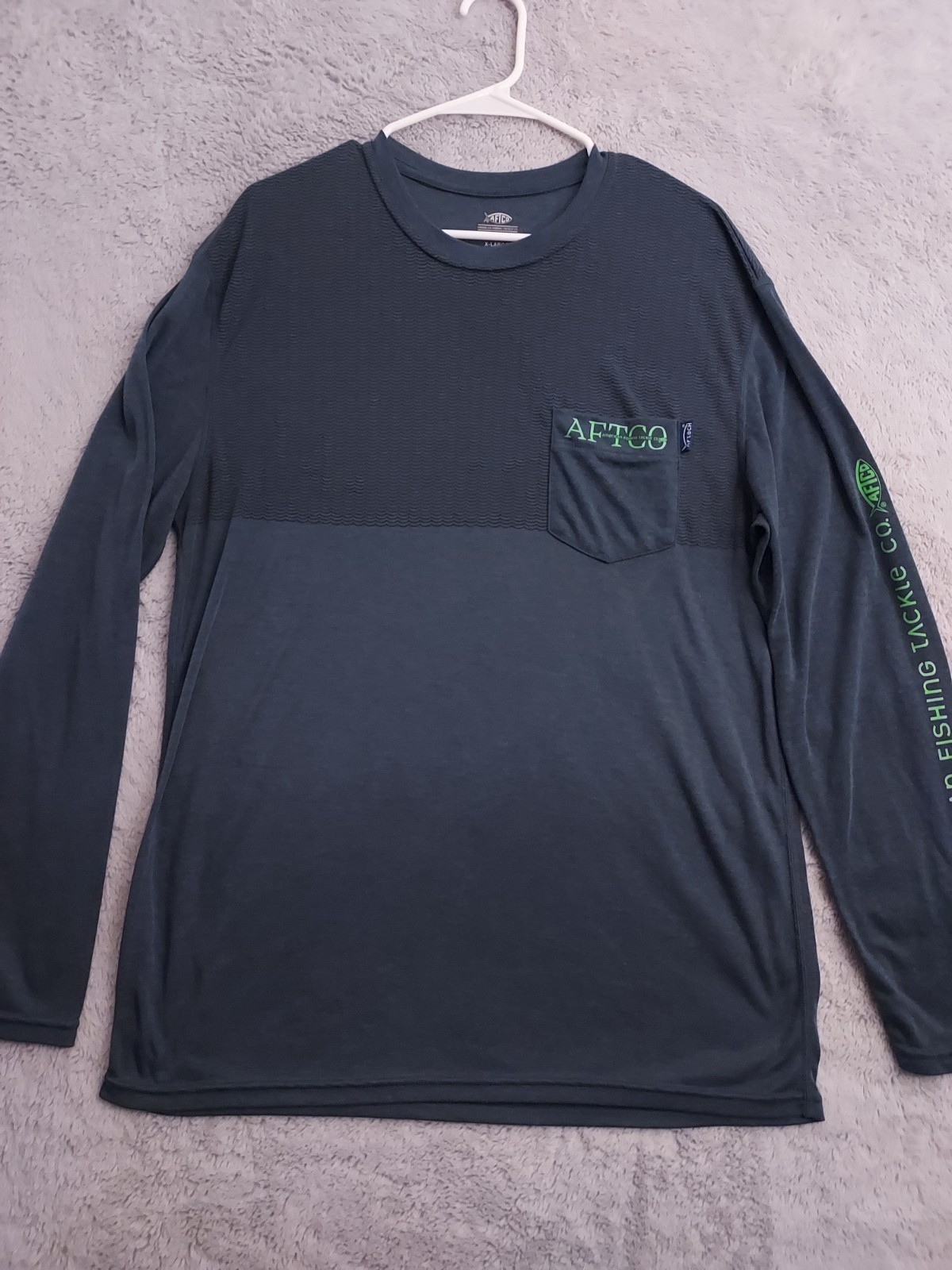 AFTCO Aftech Shirt Mens Extra Large Blue Spellout Sleeve Fishing Outdoor Beach