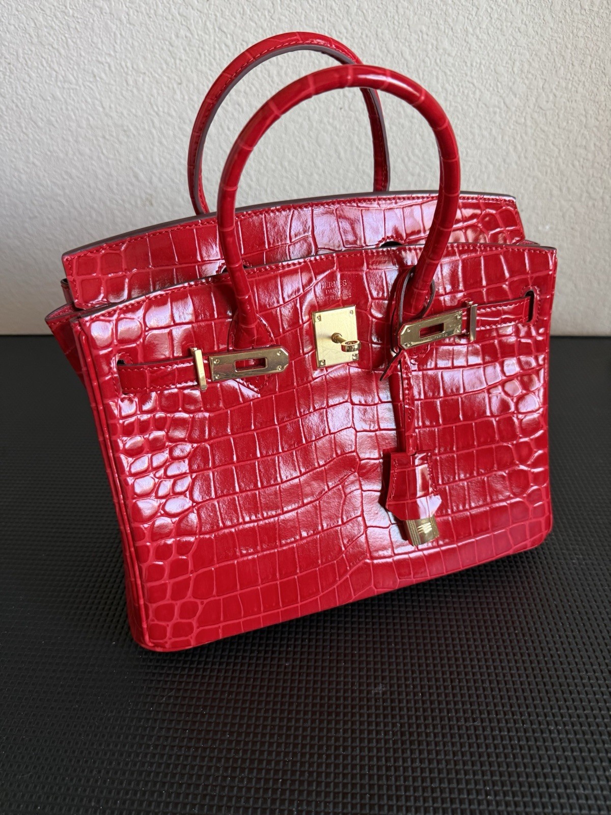 Red Crocodile Embossed Patent Satchel Top Handle, Gold Hardware, Lock, Pockets