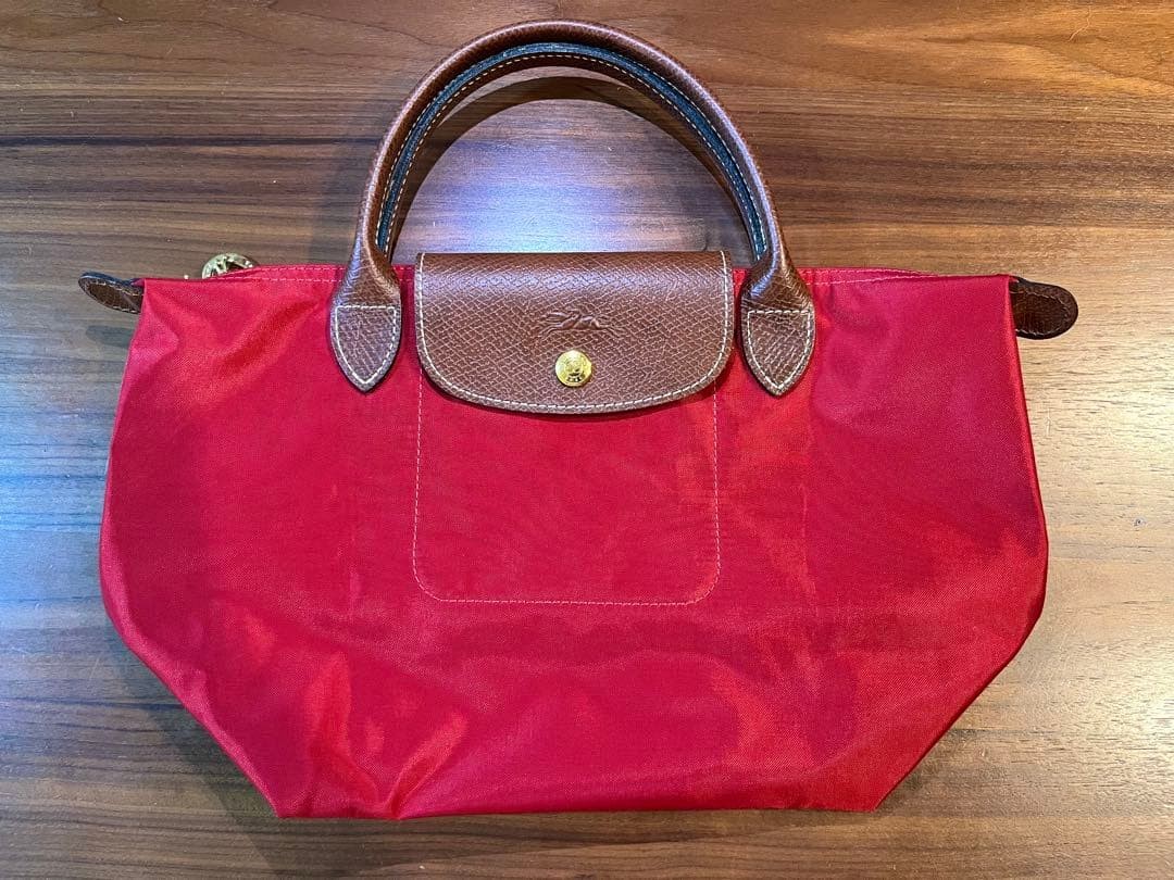 LONGCHAMP Le Pliage S Red Nylon Tote Bag Foldable Gold Tone Hardware