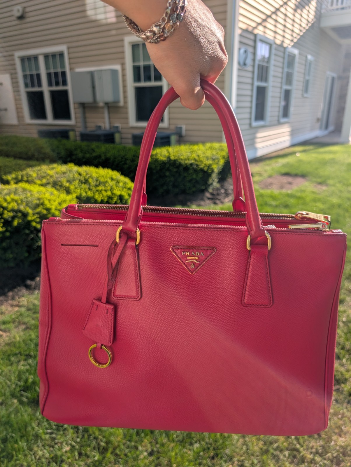 PRADA Pink Top Handle Satchel Gold Hardware Logo Key Holder Bottom Studs