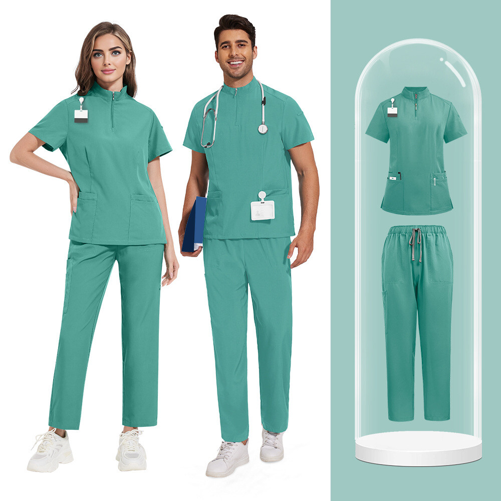 Medical Nursing Scrub Uniform Set Zipper-Tops Straight-Pants for Hospital Clinic