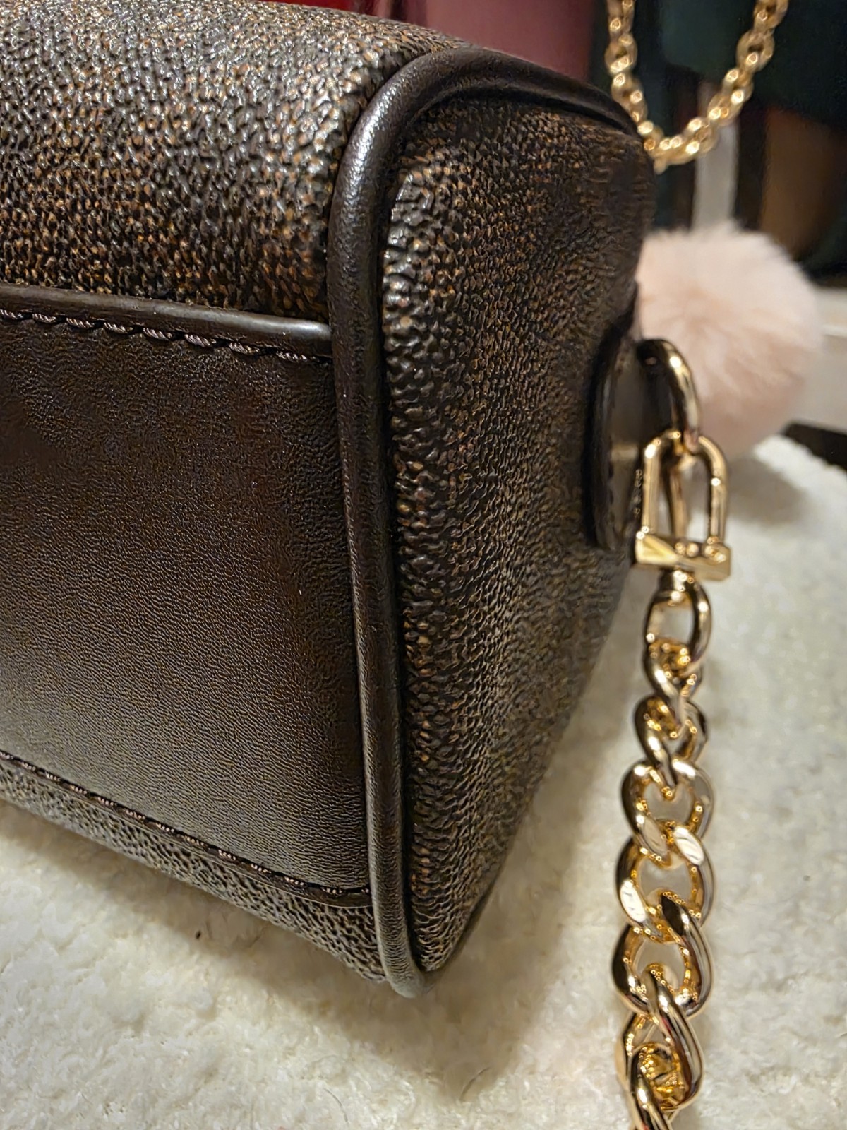 Michael Kors Blaire XS Duffle Crossbody Bag Brown Logo Zip Gold Chain + Charm