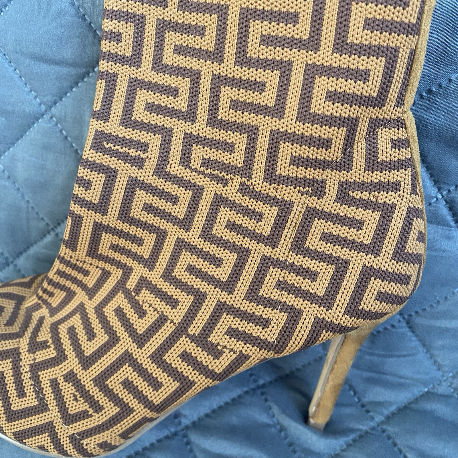 C. Malandrino Monogram Logo Heeled Ankle Sock, Knit, Suede Tan/Brown Boot SZ 8.5