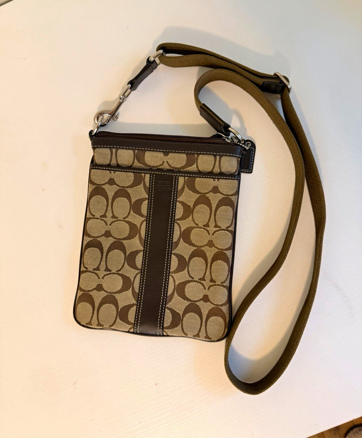 Coach Signature Brown Beige Crossbody Bag Zip Adjustable Detachable Strap