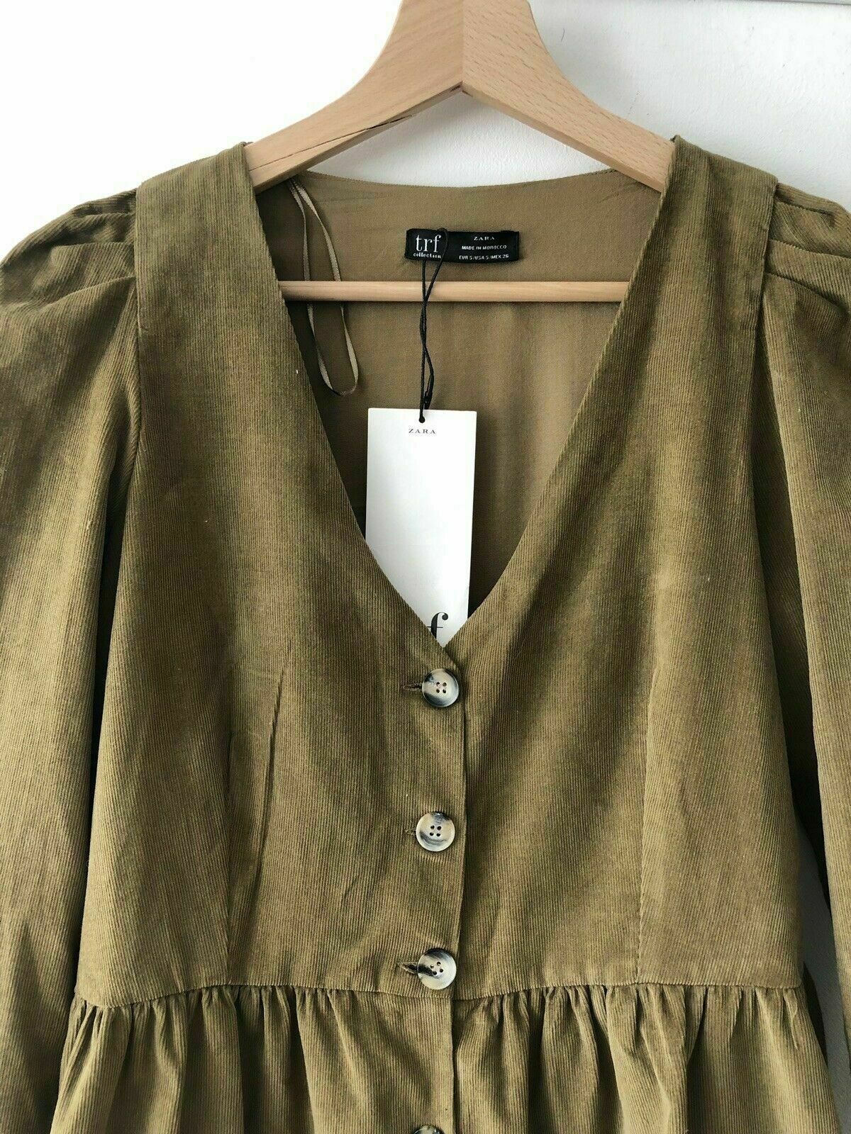 Zara Button Up Corduroy Mini Dress Green Fall Small New Retro Vintage Twee