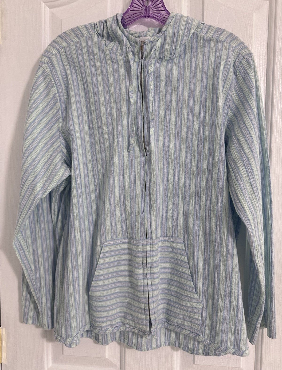 Lalu-B Women’s XL Striped Hooded Zip-Up Hoodie Blue Green White