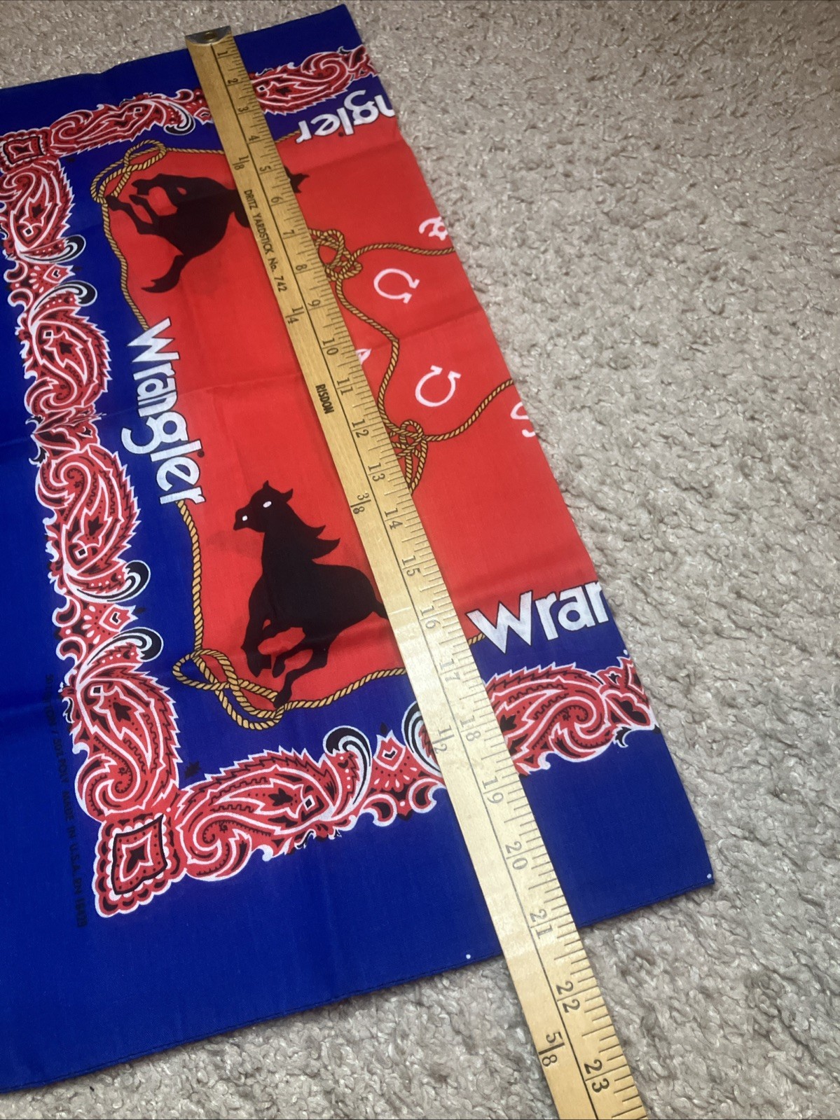 Vintage Wrangler Cowgirl Rodeo Queen Handkerchief Bandana 22″ x 21″ Red Blue