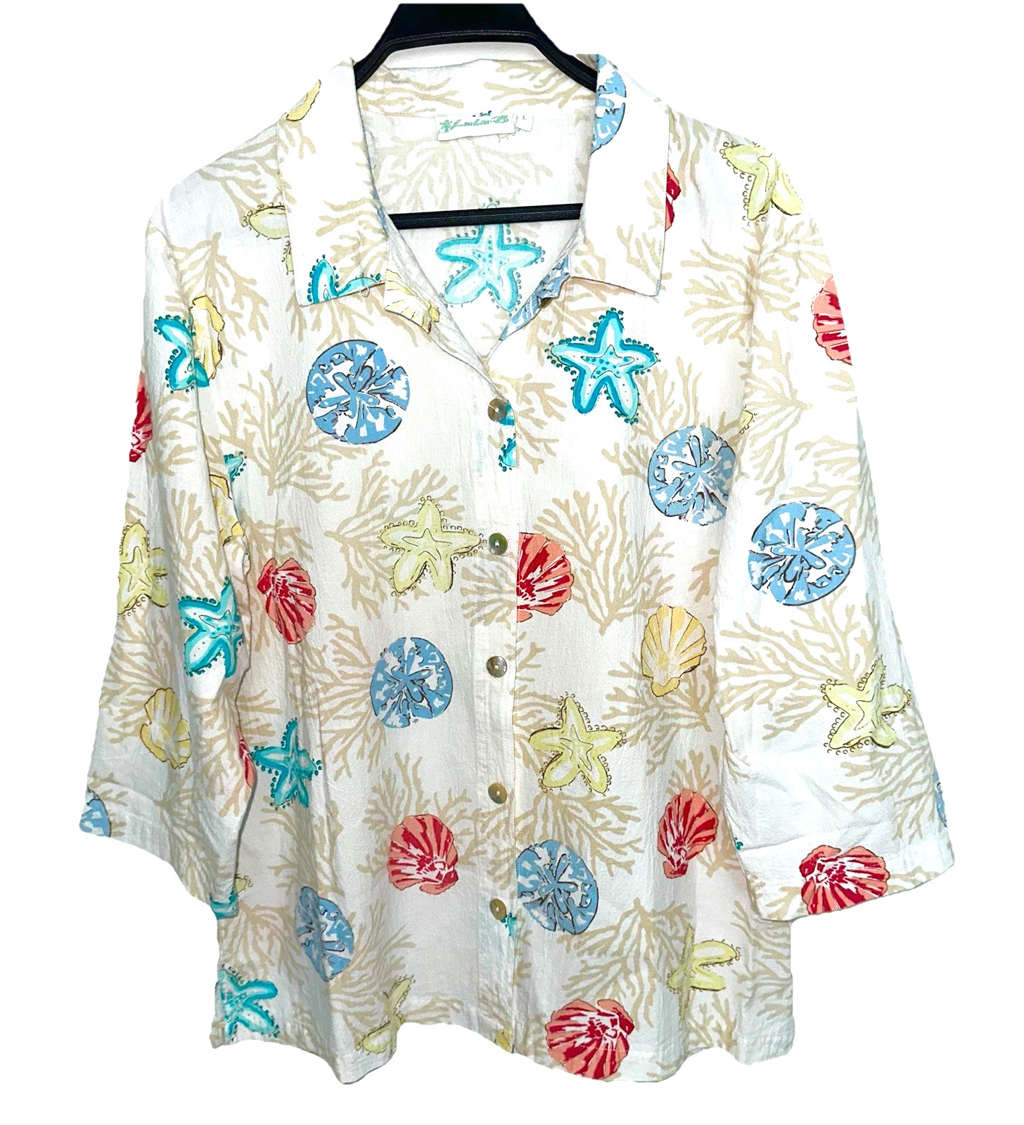 LULU-B Size Large Button-Up Top 100% Cotton Beach Coastal Starfish Seashells