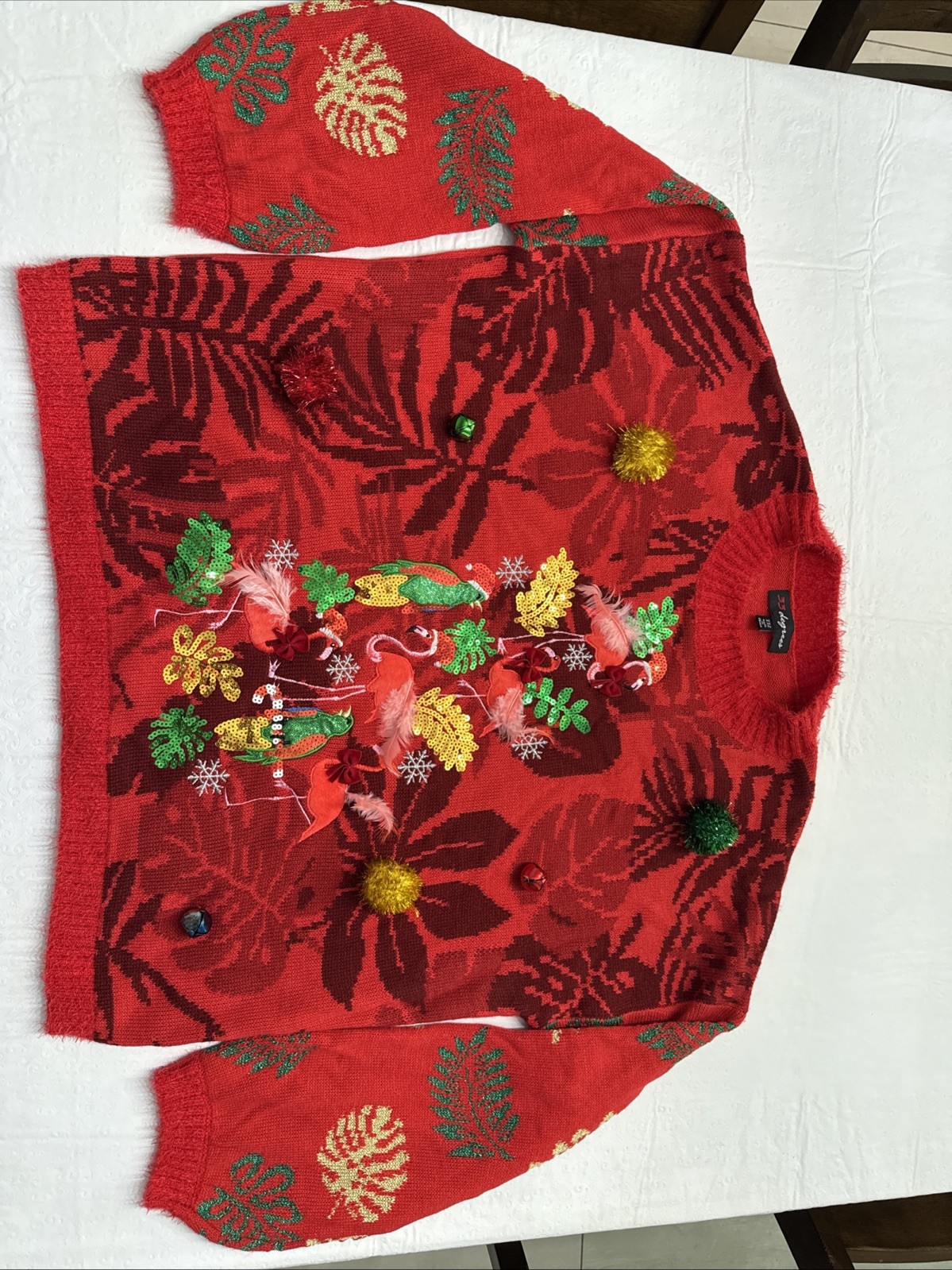 33 Degrees Ugly Christmas Sweater, Flamingos/Birds Red XXL
