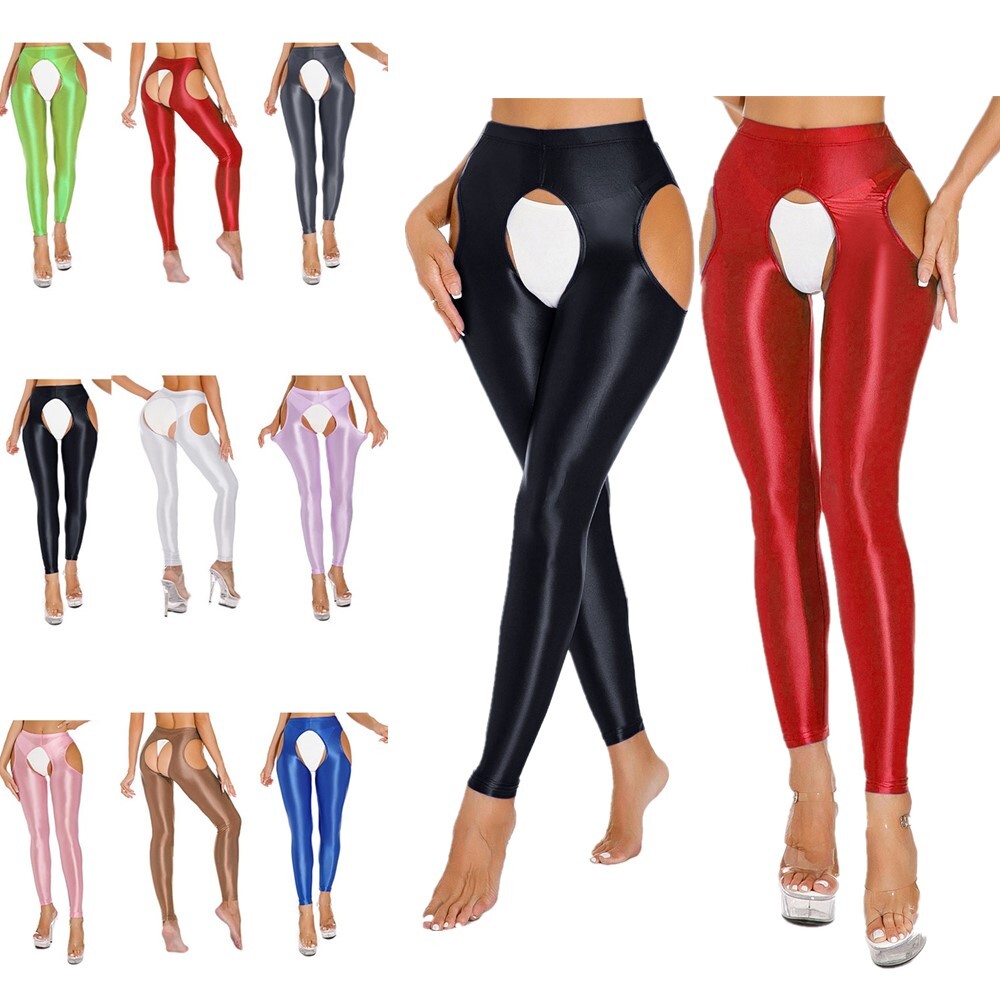 US Womens Glossy Crotchless Tights Pants Stretchy Elastic Fitness Yoga Trousers