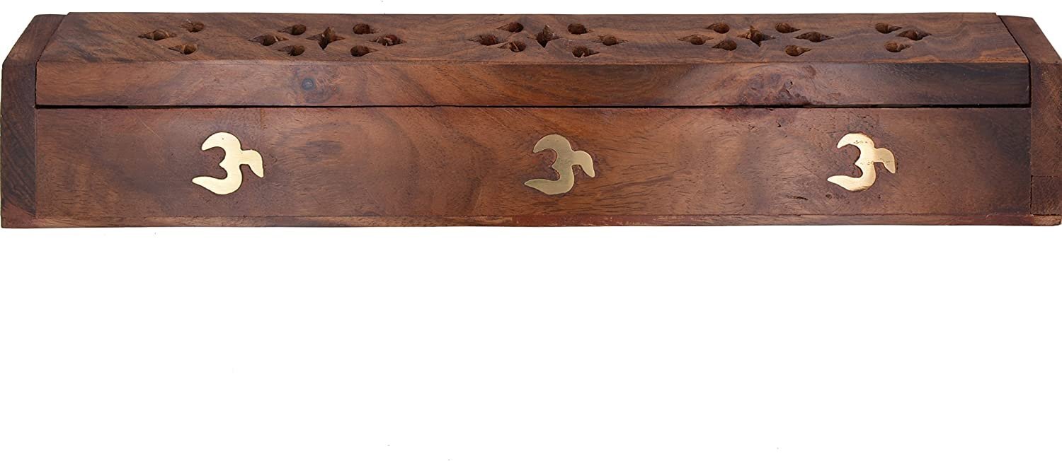 Cavelio ® Rose Wooden Coffin Incense Burner – Jali and Om 12″ – Brass Inlays…