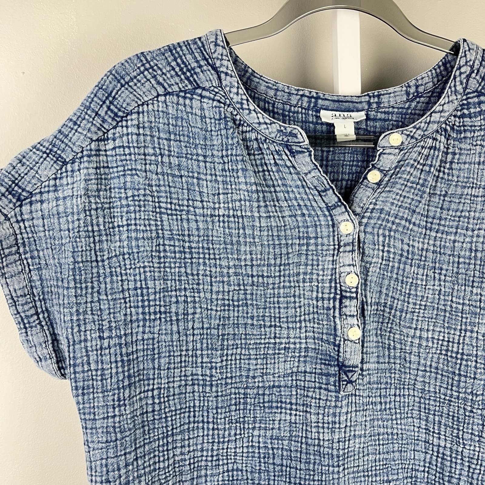 A.N.A. A New Approach Gauzy Top Womens L Blue Boxy Lagenlook Coastal Chic
