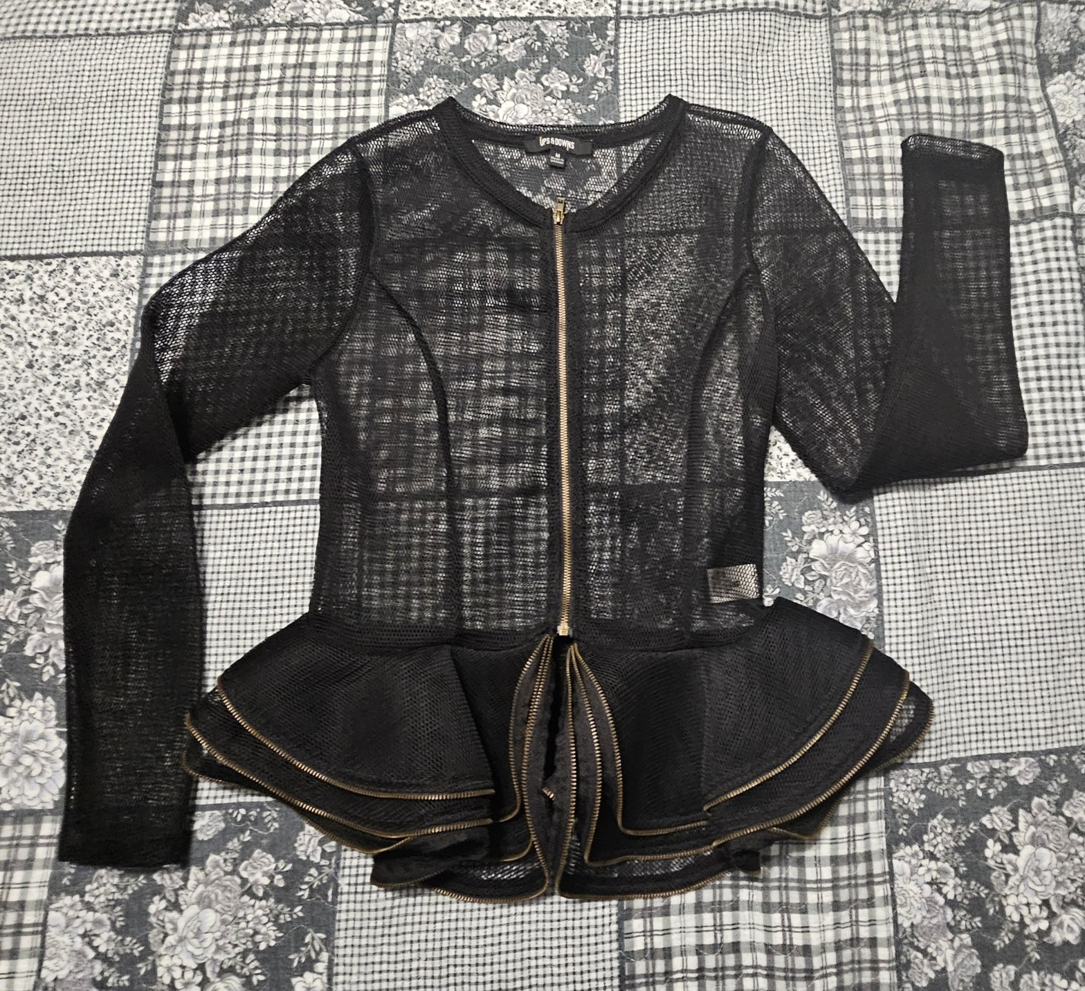 UPS & DOWNS Women’s Black Sheer Zip Front Peplum Jacket, Size M