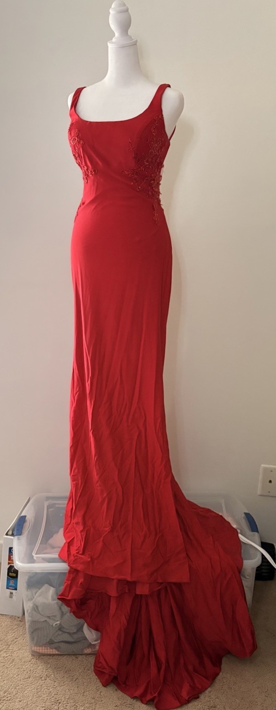 Ladivine by Cinderella Divine Red Embroidered Backless Gown Size 12