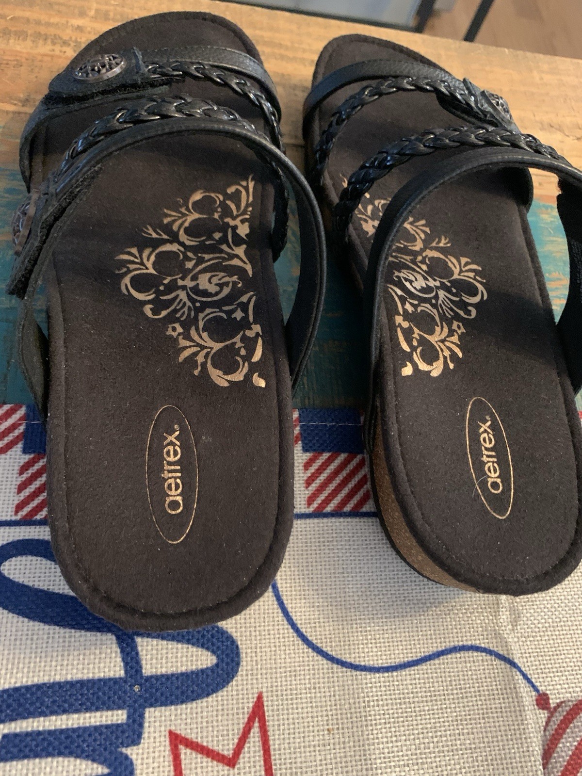 Aetrex Janey Braided Sandals Slide Womens 9.5 BlackLeather Adjustable Strap New
