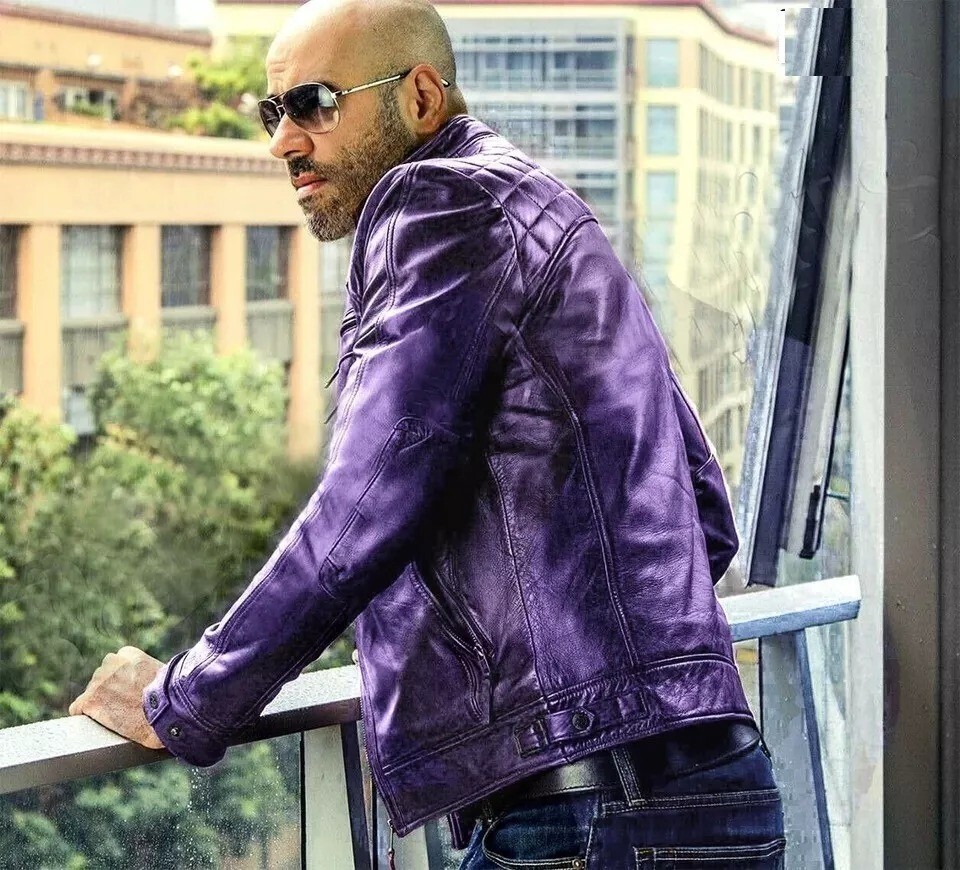 Men’s Cafe Racer Classic Diamond Purple Motorcycle Bomber Biker Leather Jacket