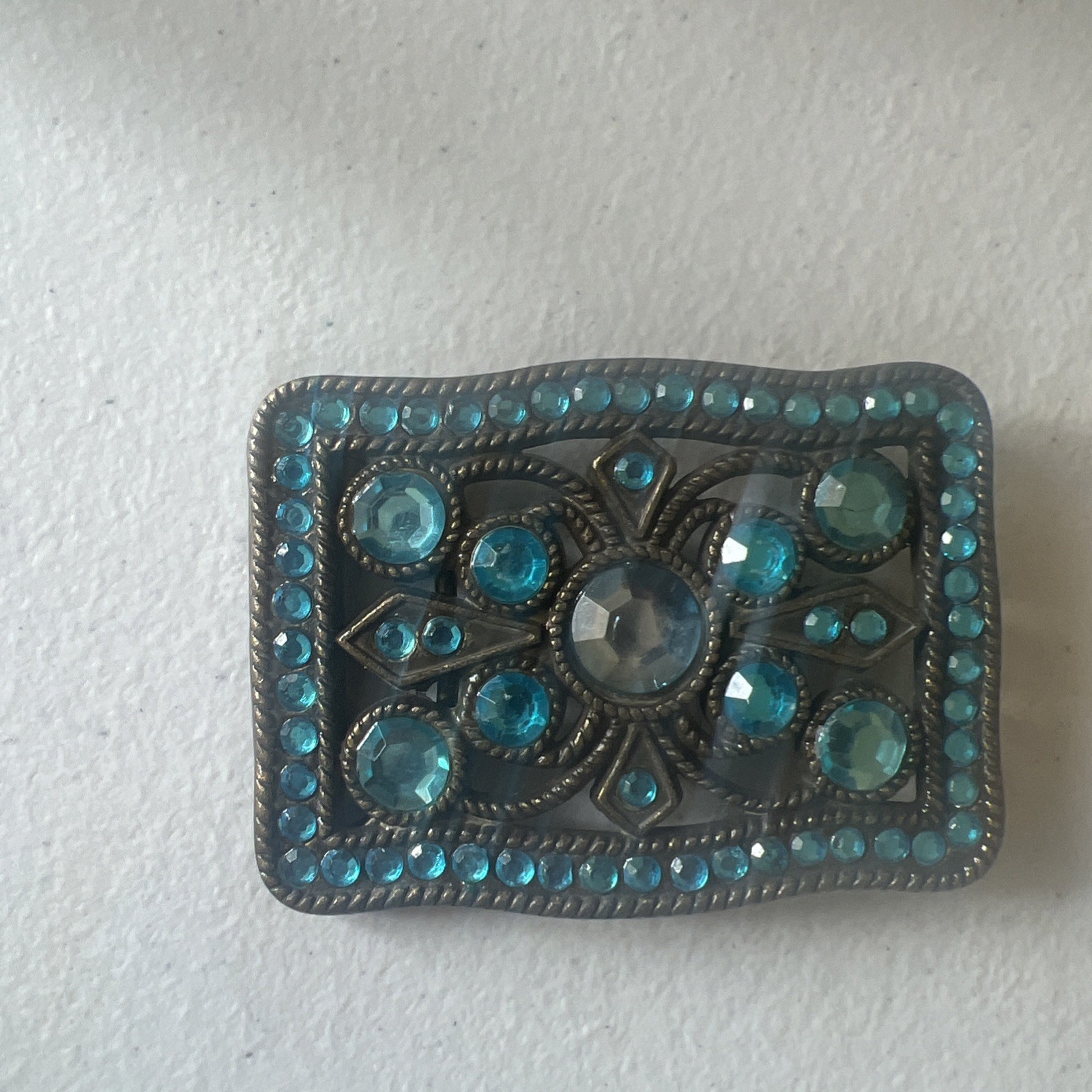 Blue Rhinestone Accented See-Trough Brown Color Ladies Belt Buckle