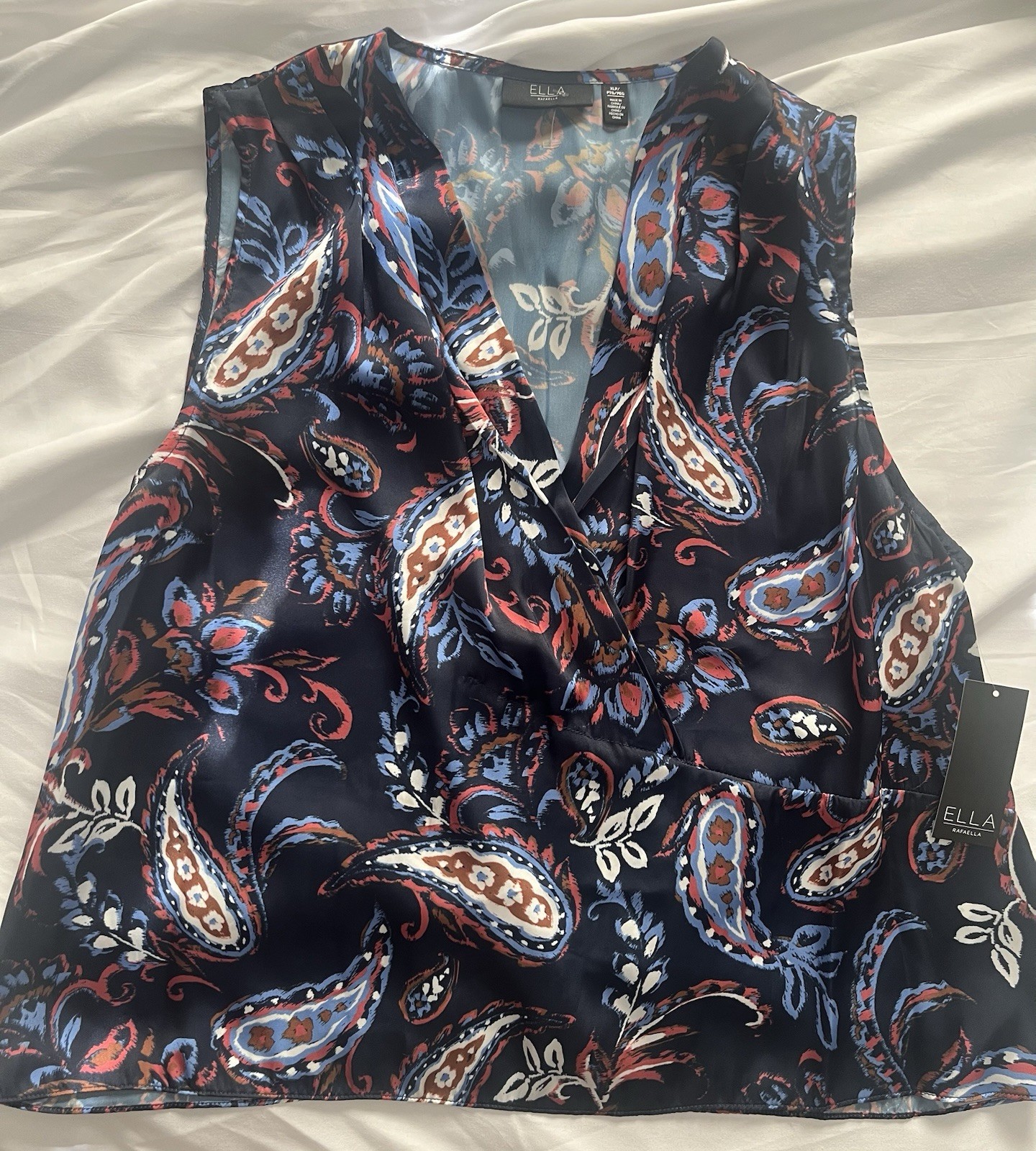 ELLA Rafaella XL V-Neck Sleeveless Chiffon Blouse Ruffle Paisley Navy Blue