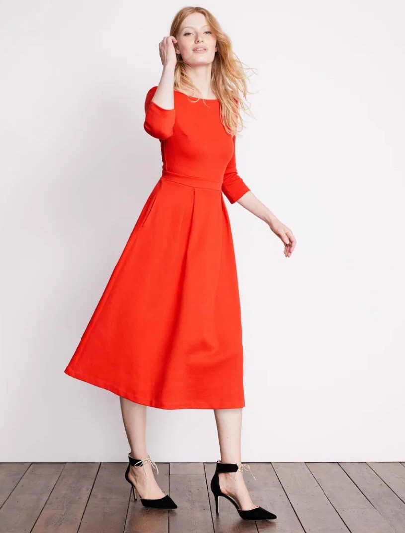 BODEN Red Holly Textured Classic Chic Holiday Fit Flare Pleated Skirt Dress 18 R