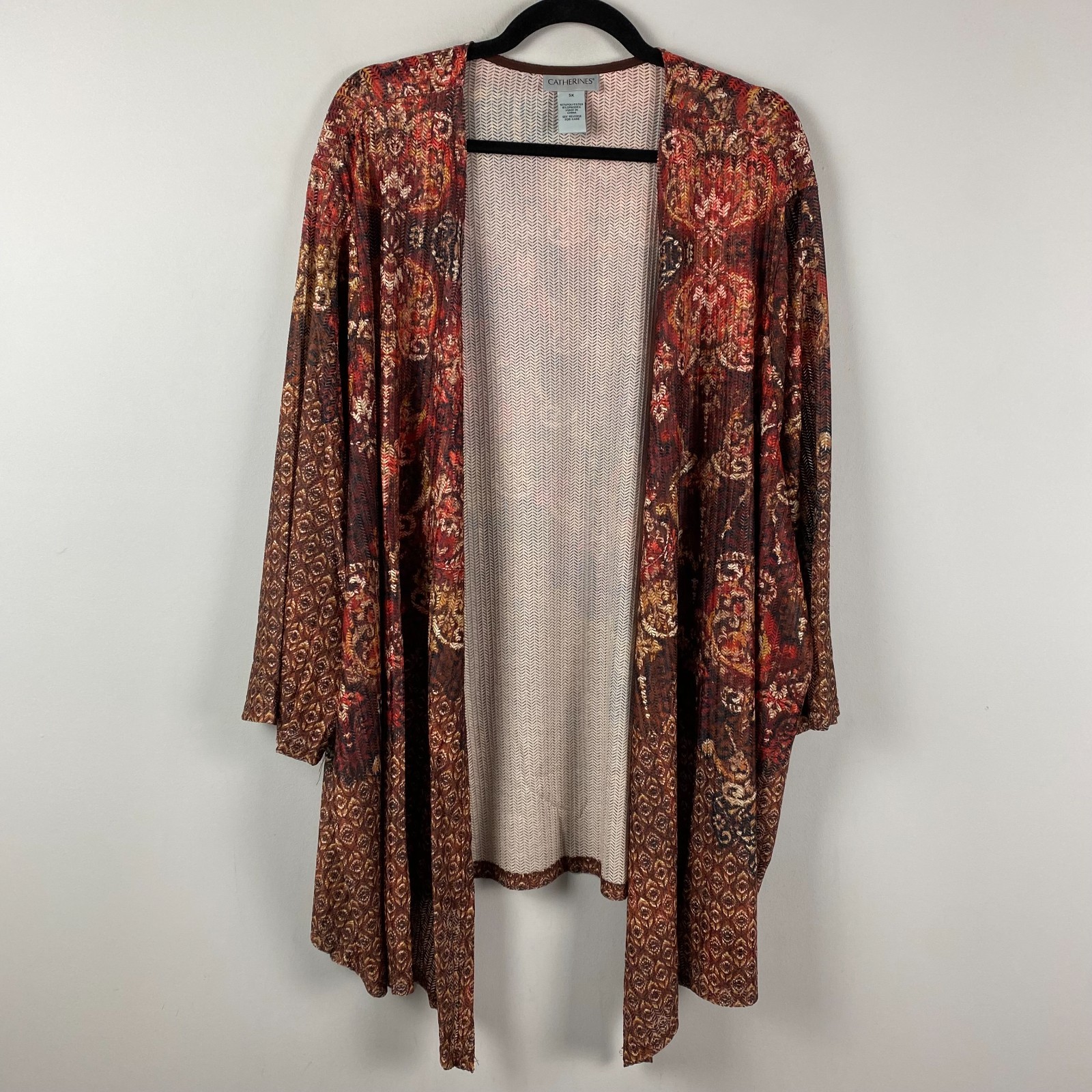 Catherines Open Front Cardigan Size 5X 3/4 Sleeves Open Weave Rust Brown