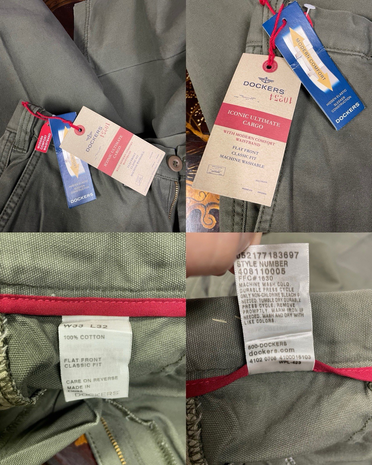 NWT Dockers Mens Green Iconic Ultimate Cargo Pant Comfort Waistband W 33 L 32