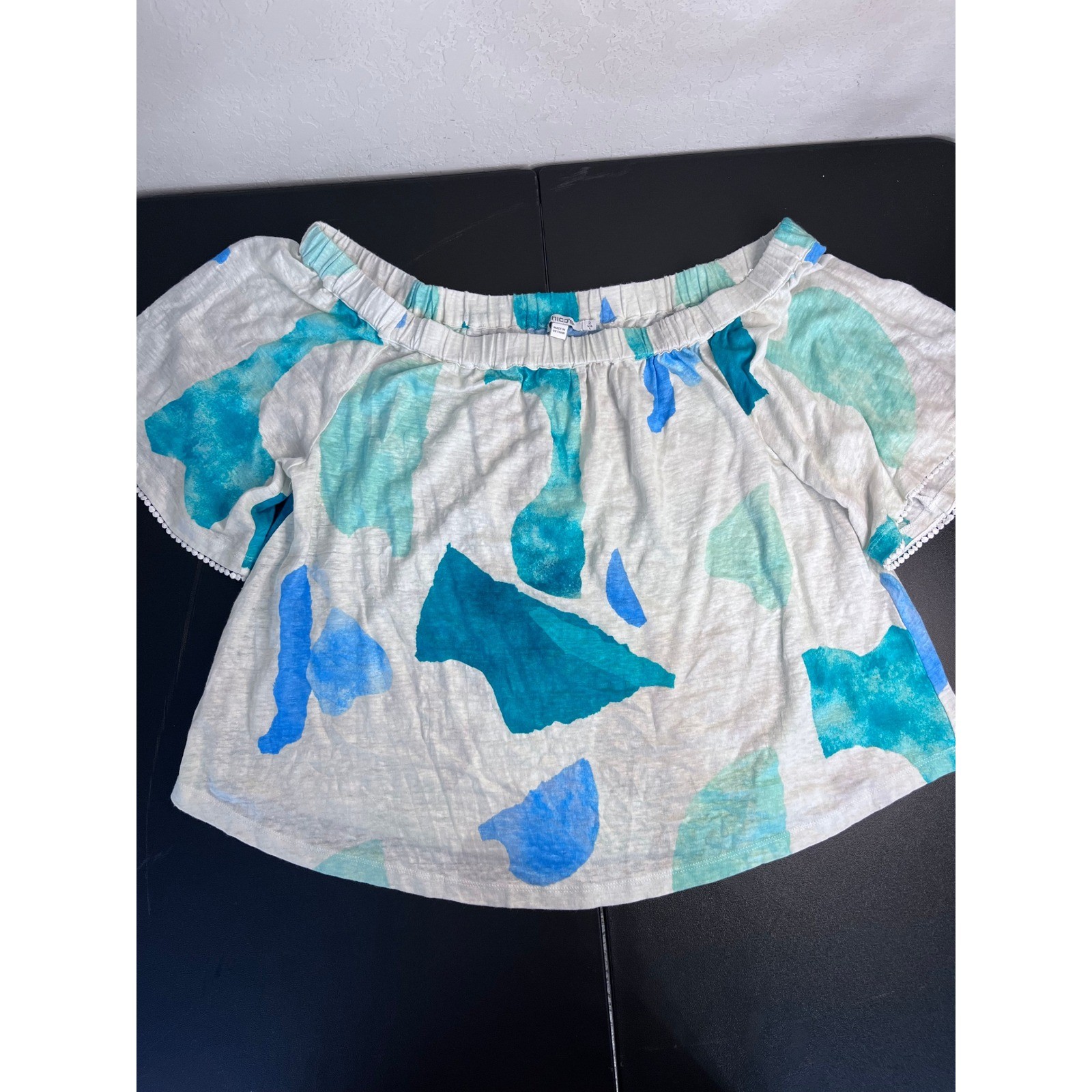 Chicos Off Shoulder Top Abstract Print Linen Blend Women 2 US L