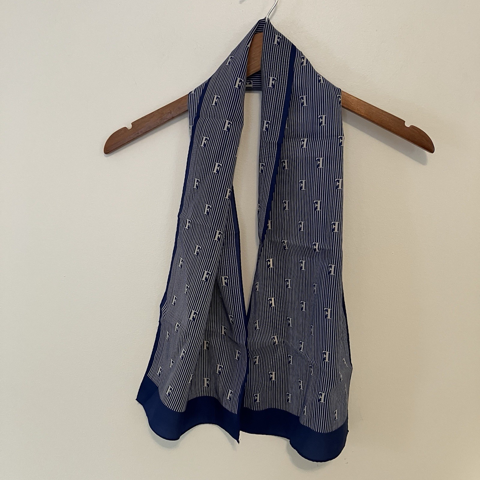 VTG Monogramed Blue Strip Rectangle Scarf Japan Preppy 10.5in X 46in Nautical