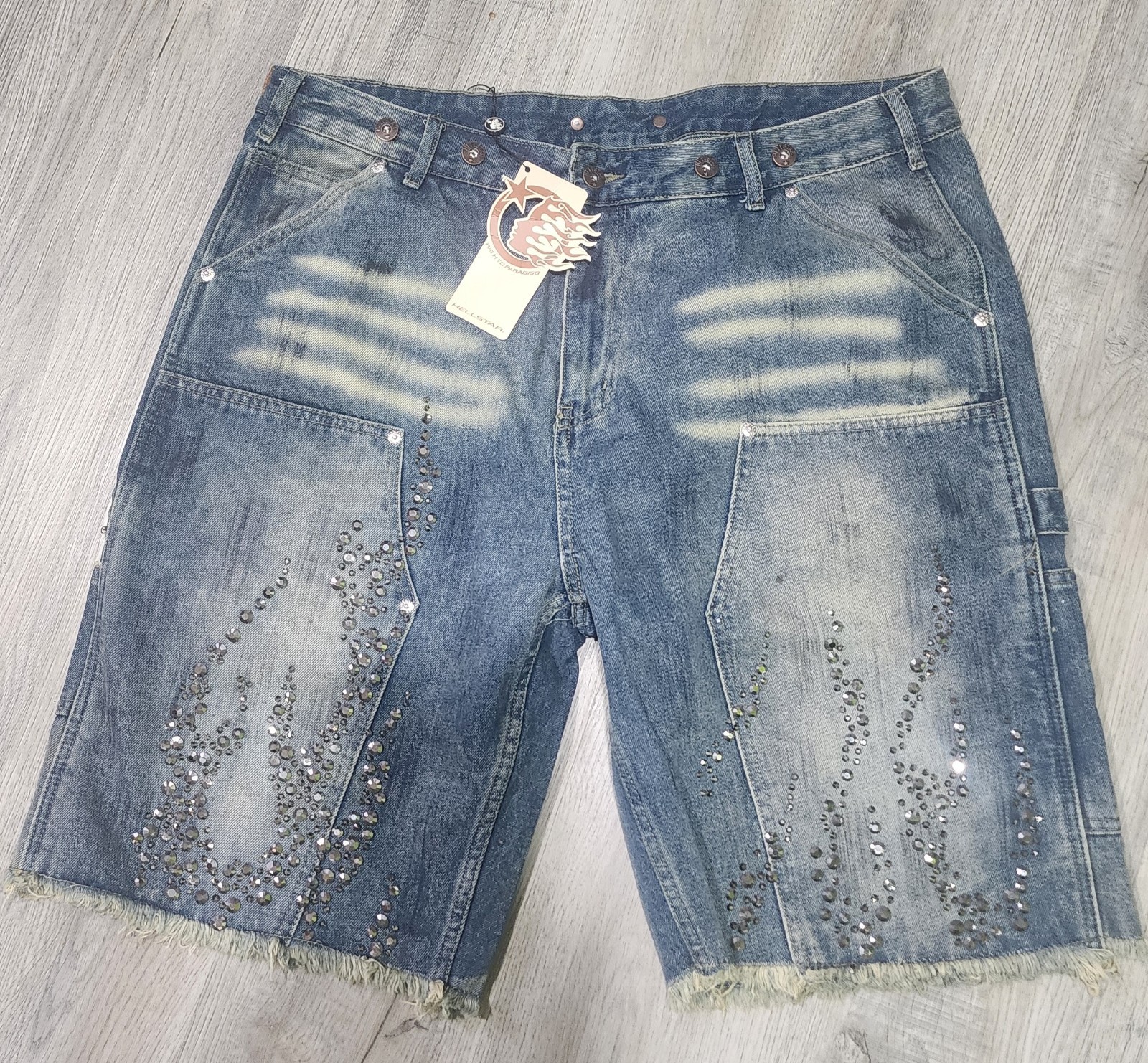 Helostar Men’s Blue Denim Cargo Shorts Medium Wash Rhinestone Fringe Pockets