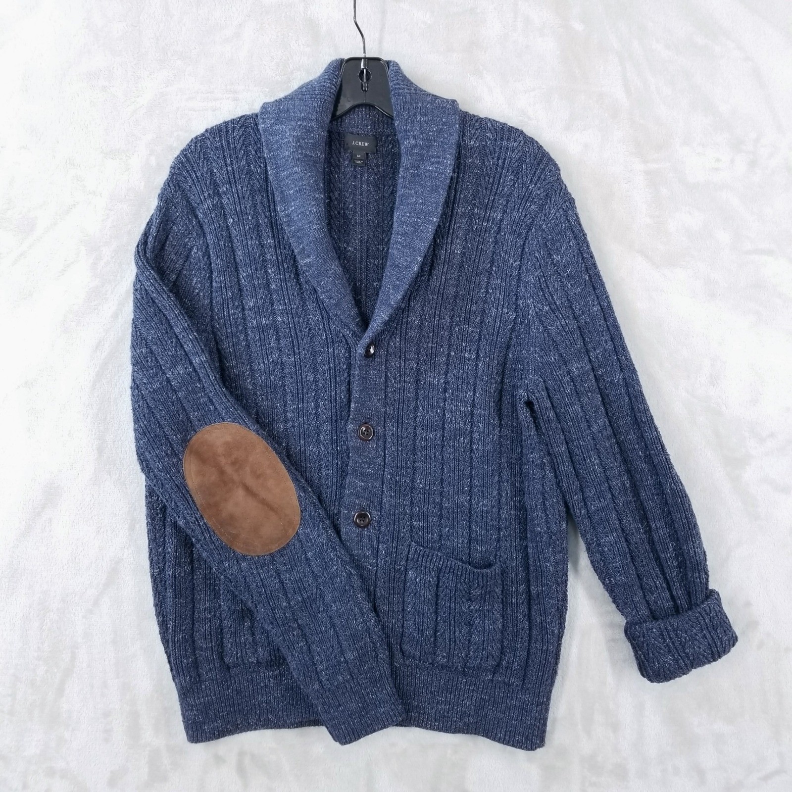 J Crew Mens Shawl Collar Cardigan Sweater Blue Cotton Elbow Patches Size M