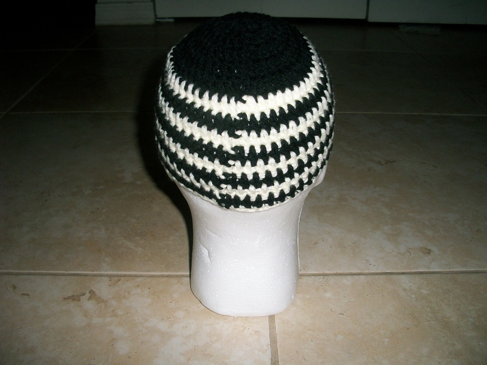 Handmade Crochet BLACK & WHITE STRIPE Skull Cap Kufi Beanie Hat Topi Harley 