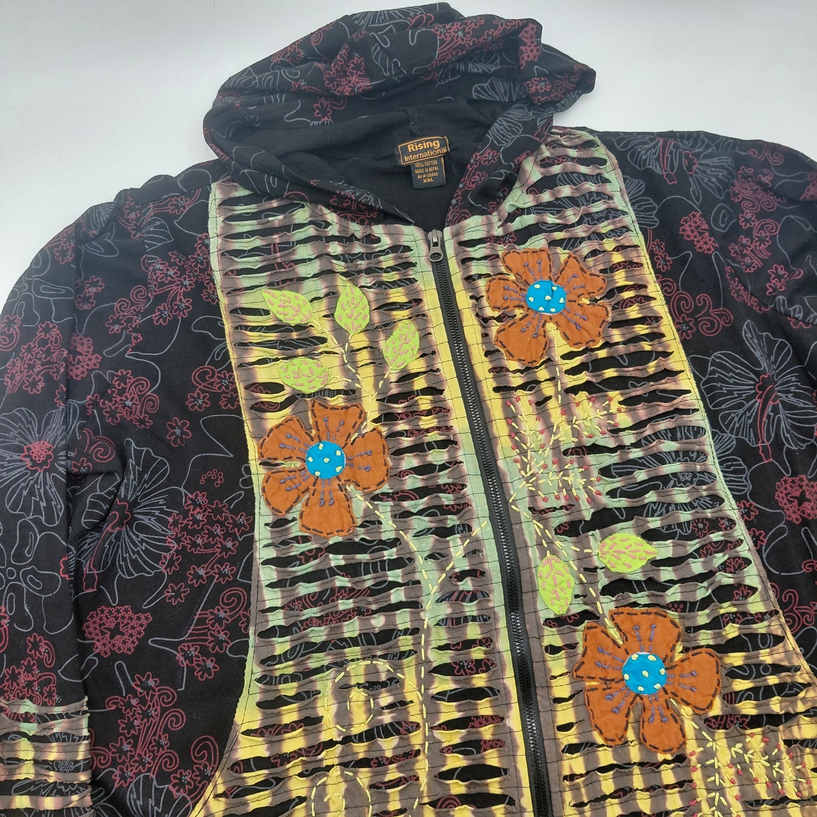Rising International Hoodie Womens XXL Multicolor Floral Embroidered Zip Boho 2X