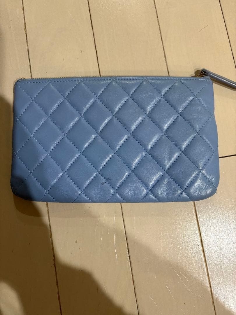 CHANEL Blue Lambskin Matelasse Pouch Bag Coco Mark Authentic Handbag