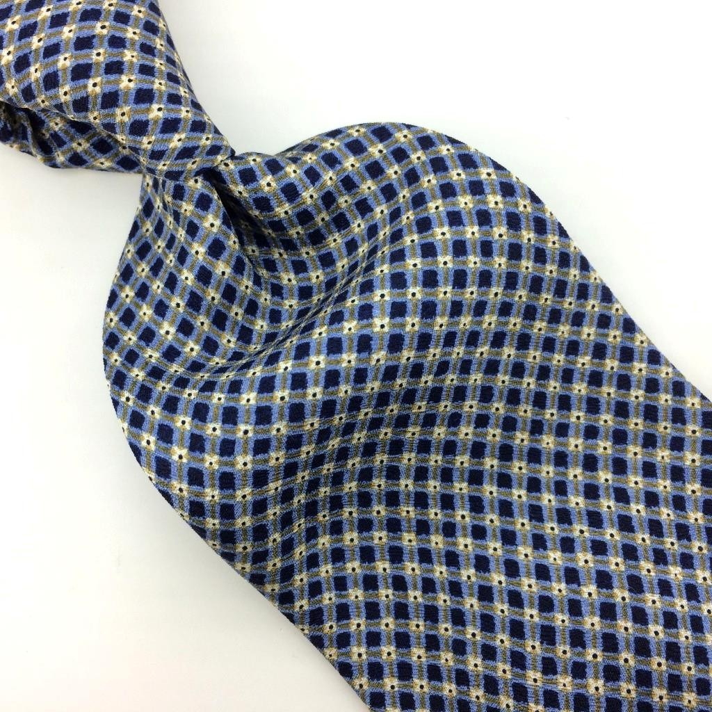 Perry Ellis Usa Tie Plaid Check Micro Dots Lattice Necktie Blue White#I24 Vtg