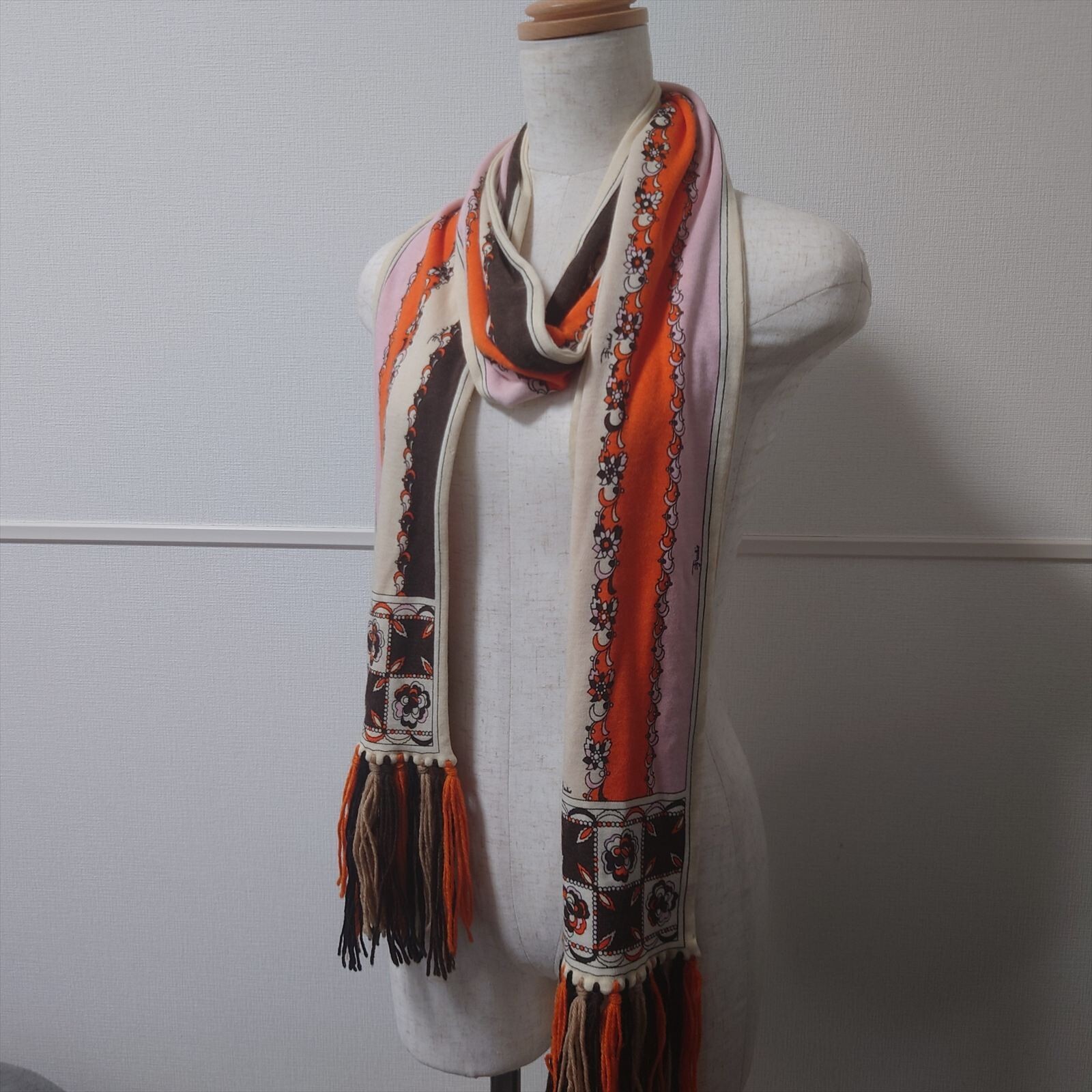 Emilio Pucci Scarf rectangle 200cm 78″ 15cm 5″ viscose wool orange brown pink